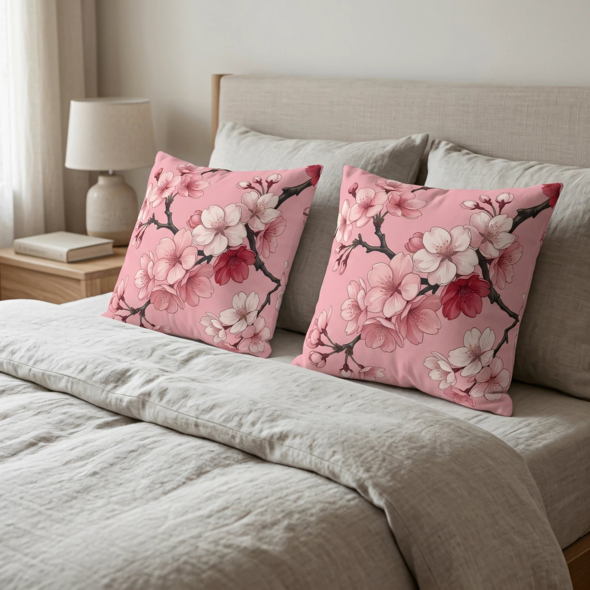 Two pink decorative pillows with a cherry blossom pattern on a cozy bed with neutral grey linens and a minimalist nightstand lamp.