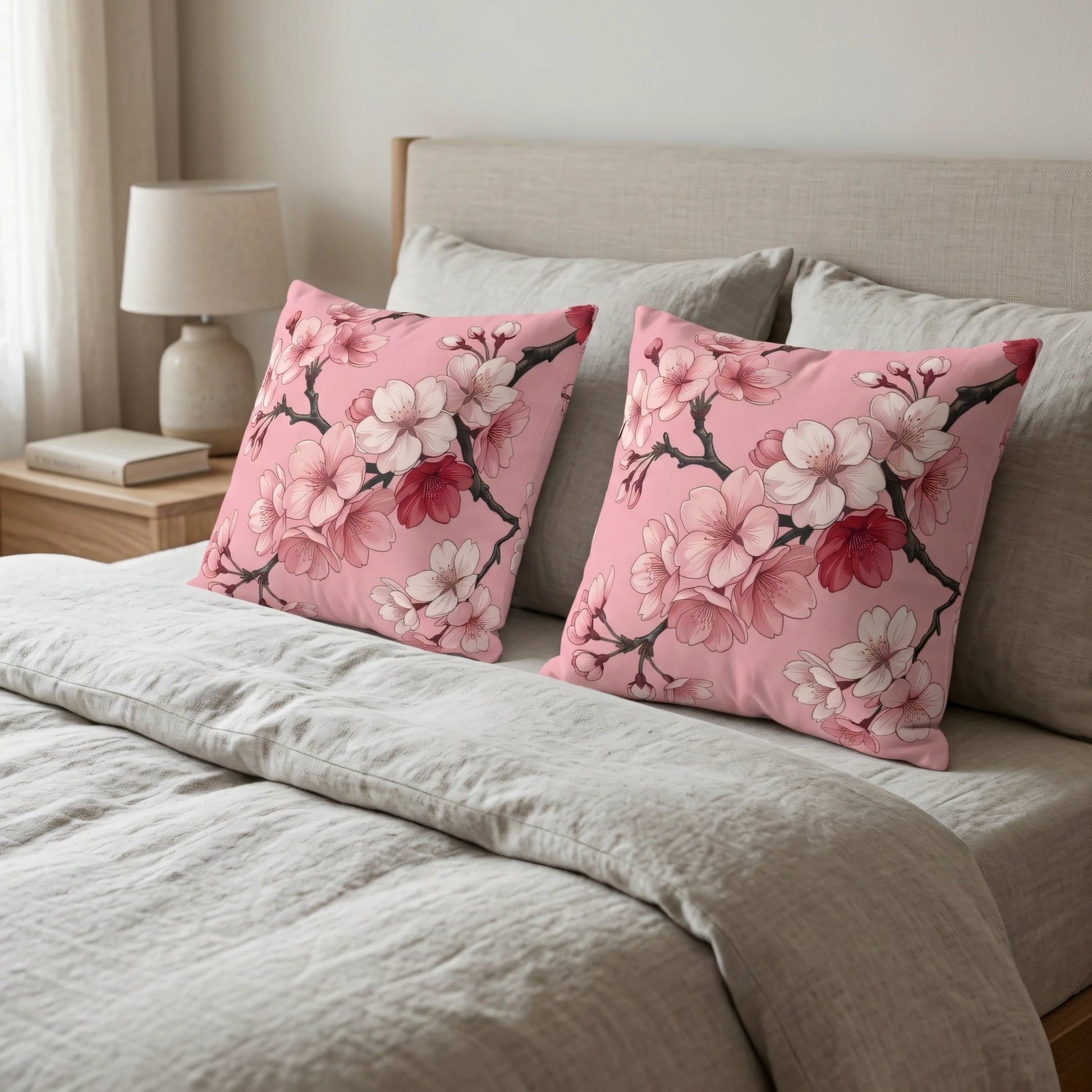 Two pink decorative pillows with a cherry blossom pattern on a cozy bed with neutral grey linens and a minimalist nightstand lamp.