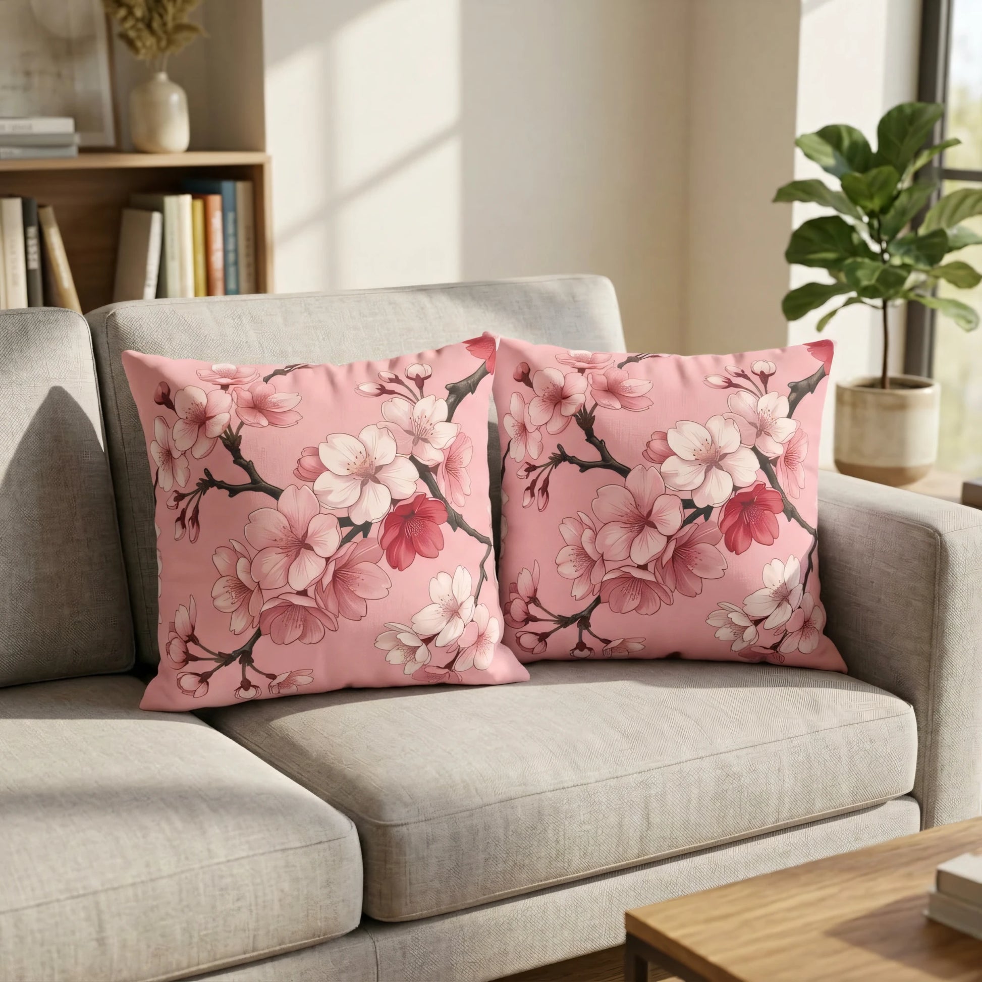 Two pink cherry blossom throw pillows on a light gray sofa in a modern room. Floral cushion duo with red and white sakura flowers on a branch.