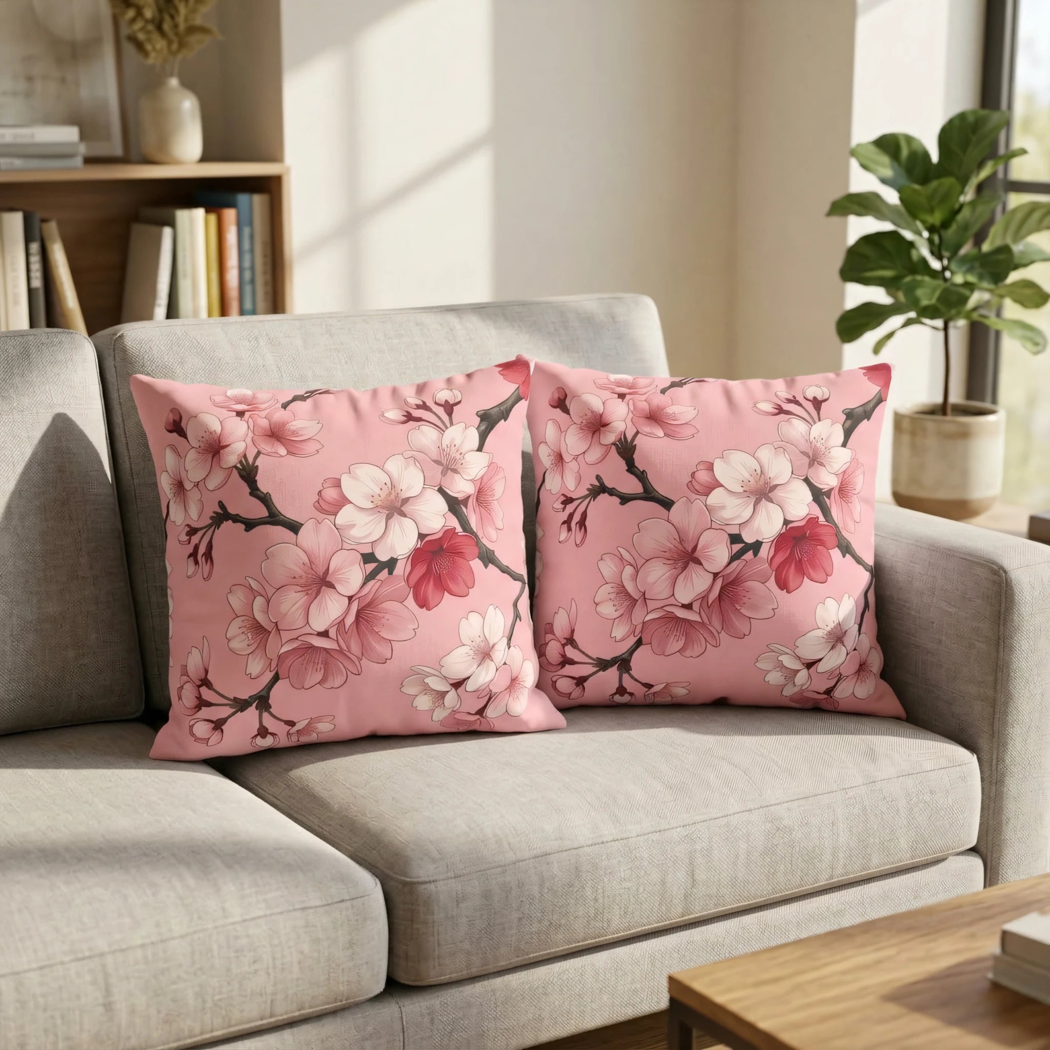 Two pink cherry blossom throw pillows on a light gray sofa in a modern room. Floral cushion duo with red and white sakura flowers on a branch.