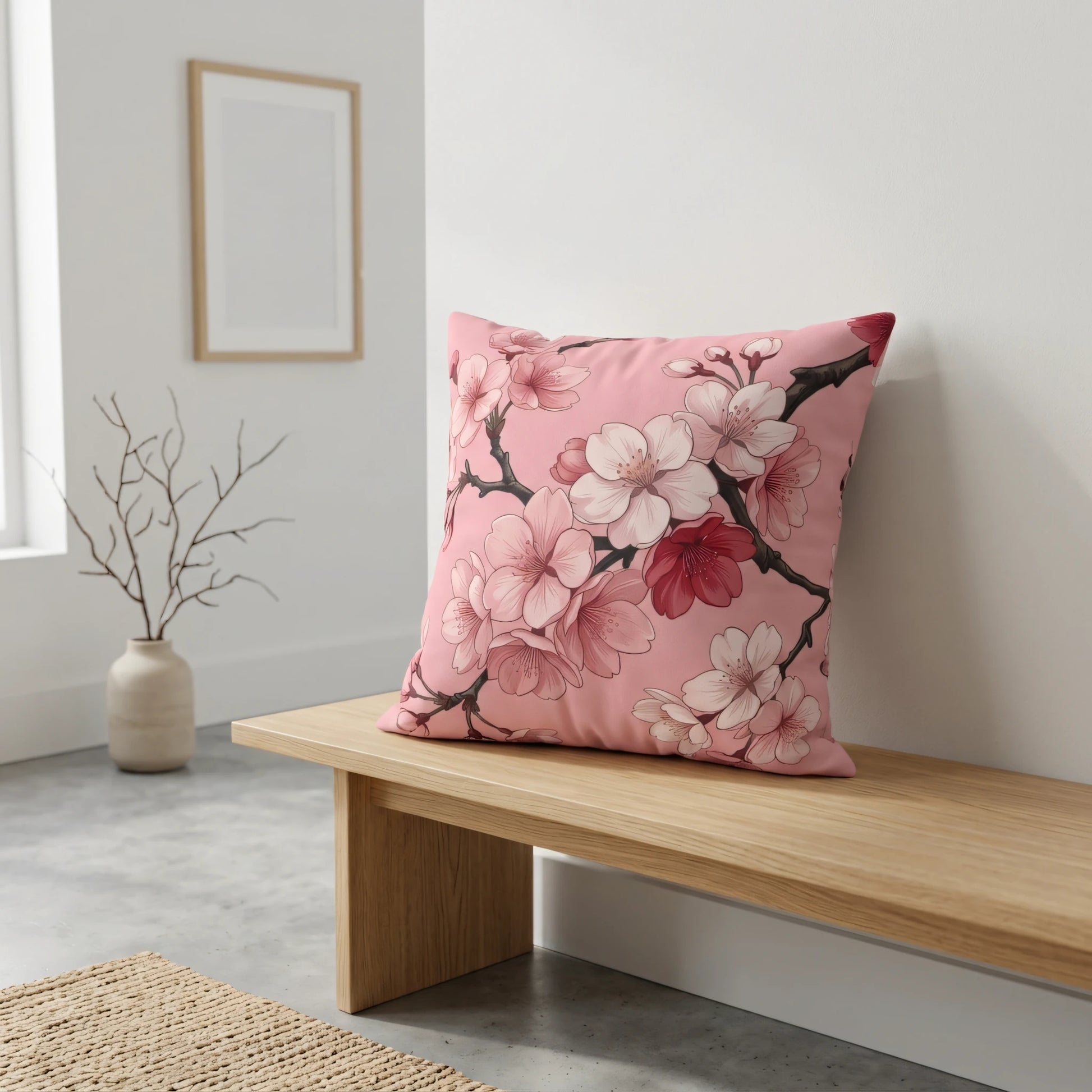 Pink cherry blossom floral cushion on a wooden bench in a minimalist room with clean white walls.