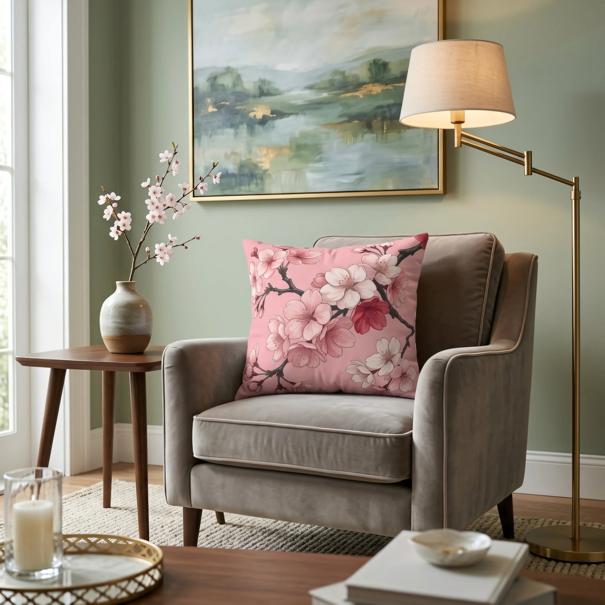 Pink cherry blossom floral pillow on a grey armchair in a cozy sage green living room setting with a gold floor lamp and side table.