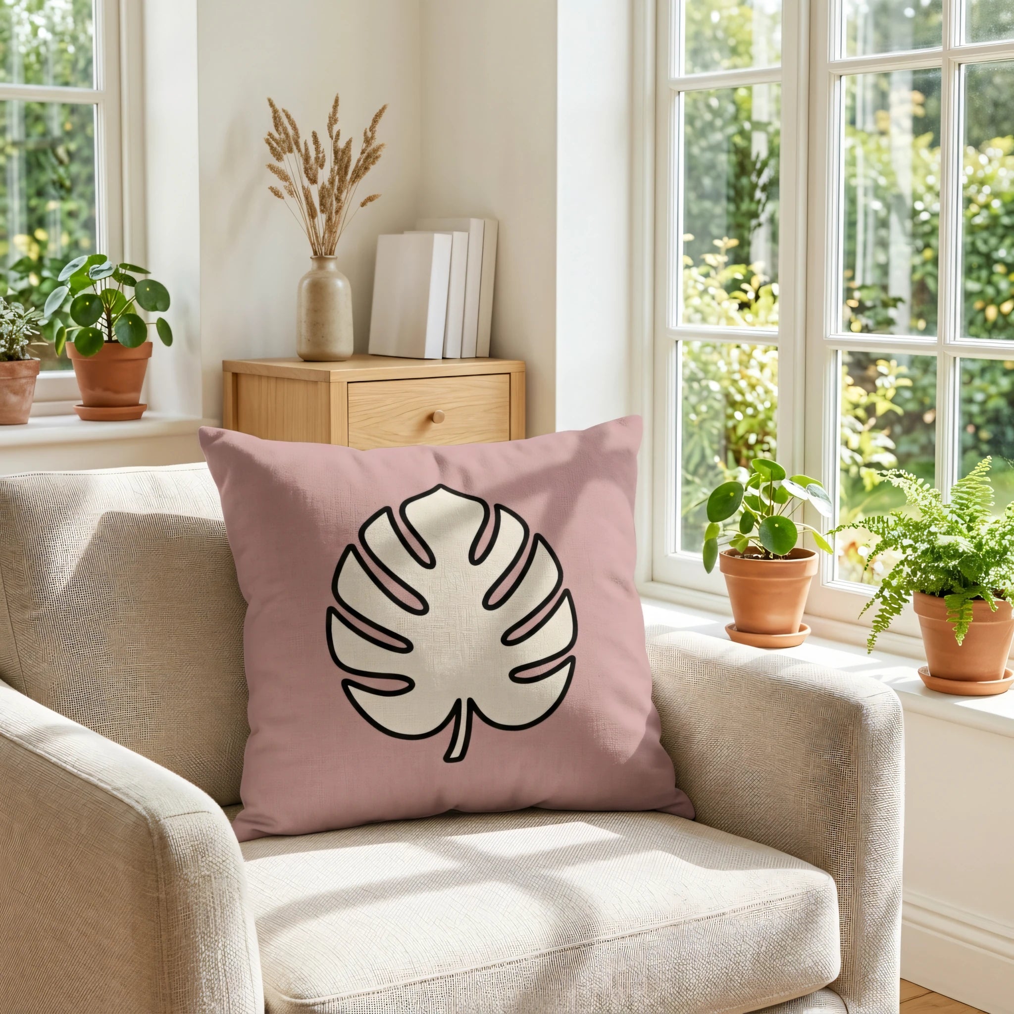 White throw pillow with a black and beige monstera leaf design on a grey sofa in a sunlit living room near large windows with greenery views.