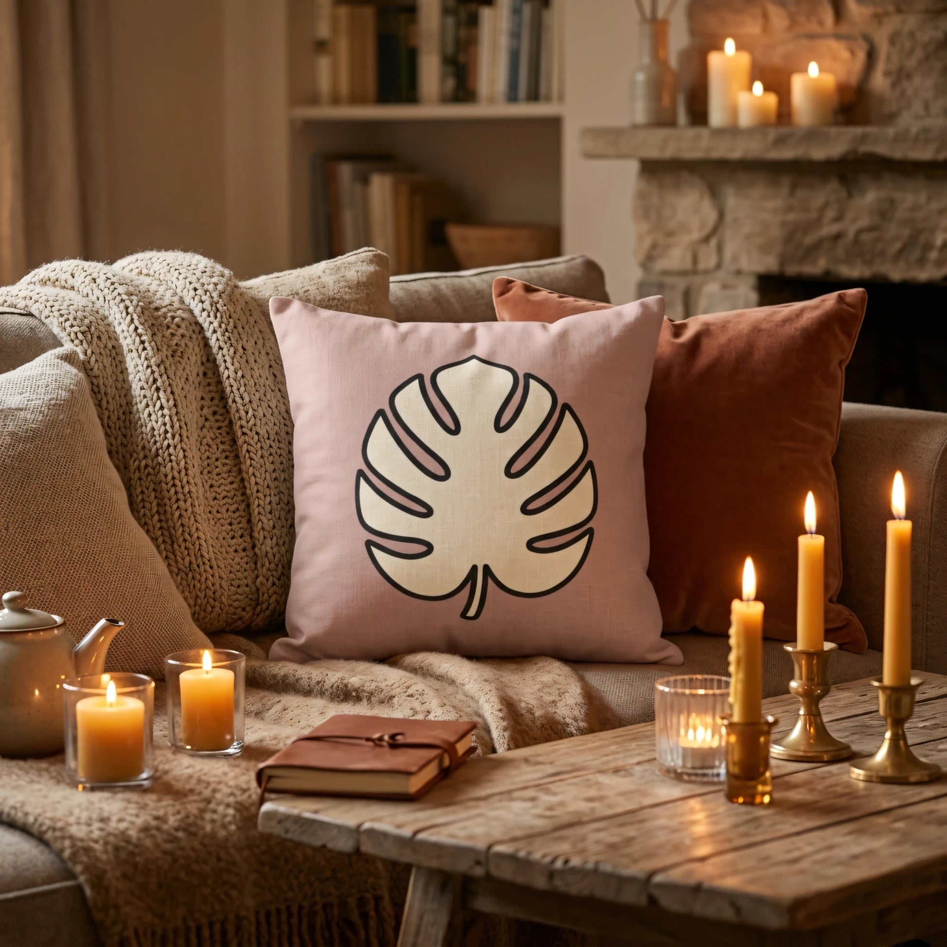 Pink monstera leaf cushion on a sofa in a cozy living room with warm candles, a chunky knit blanket, and a rustic wooden table.