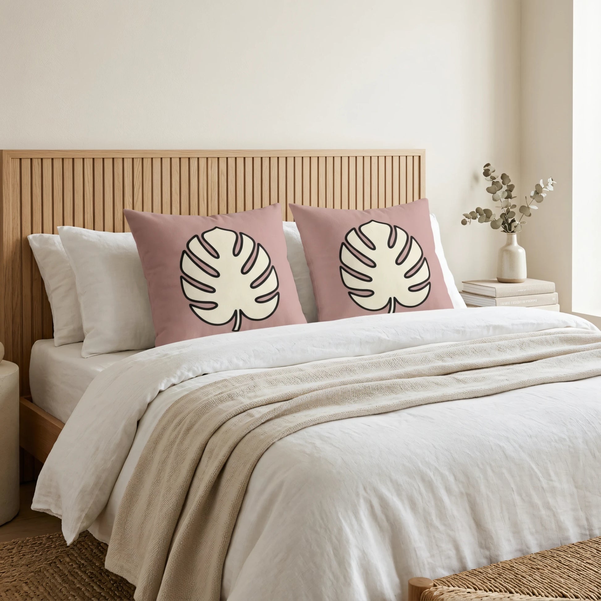 Pink pillows with cream monstera leaf patterns on a white bed with a wooden headboard in a bright, minimalist bedroom lifestyle setting.
