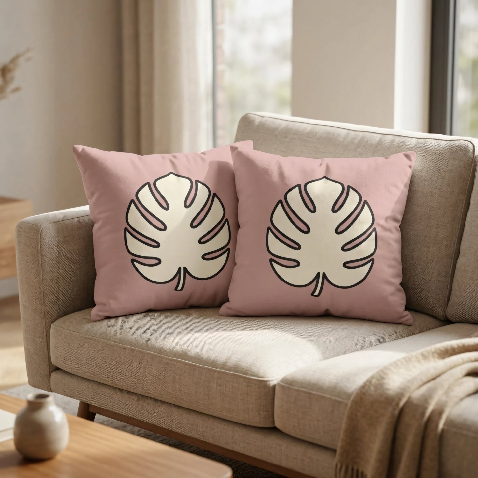 Two pink decorative cushions with cream monstera leaf prints on a light beige sofa in a modern, sunlit living room setting.