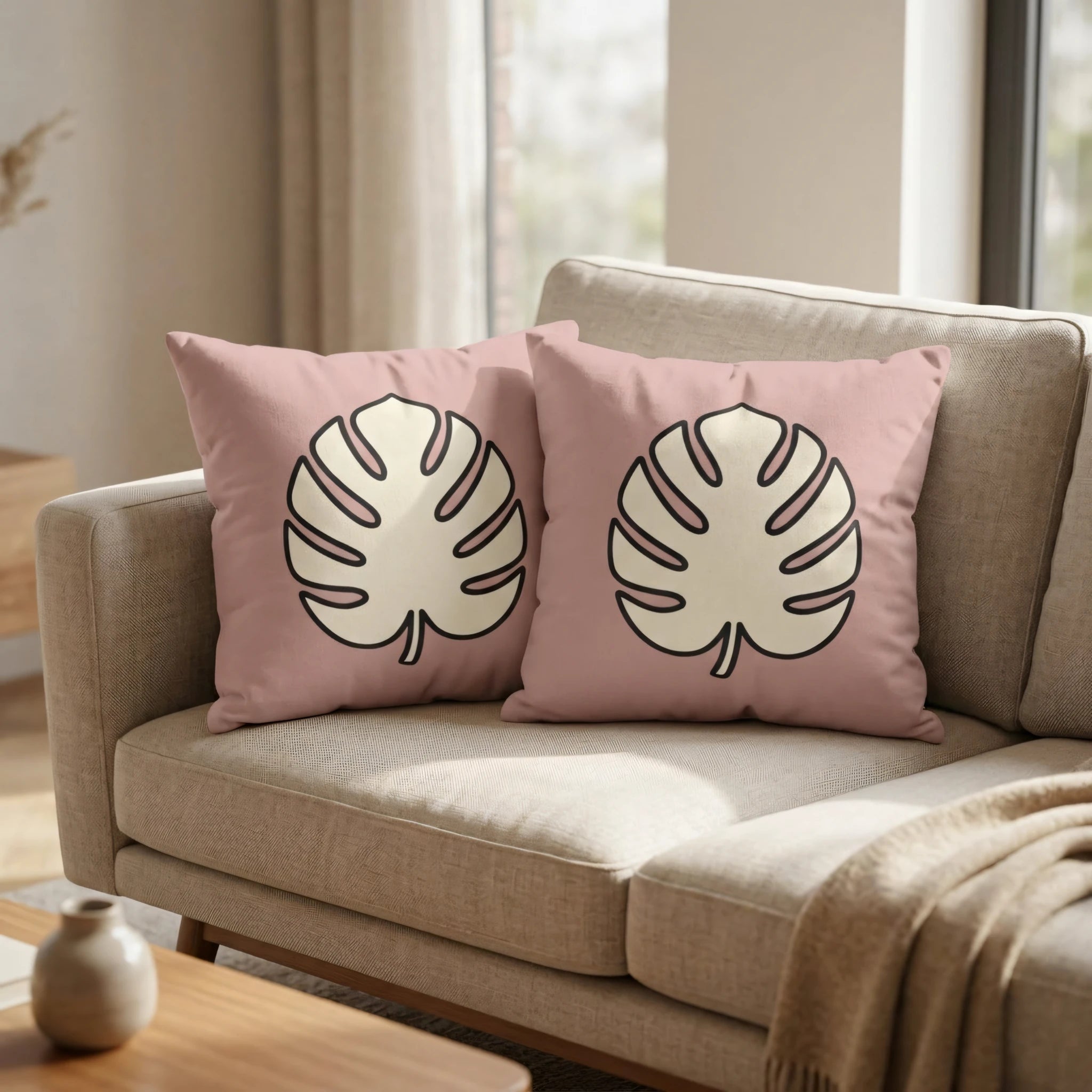 Two pink decorative cushions with cream monstera leaf prints on a light beige sofa in a modern, sunlit living room setting.
