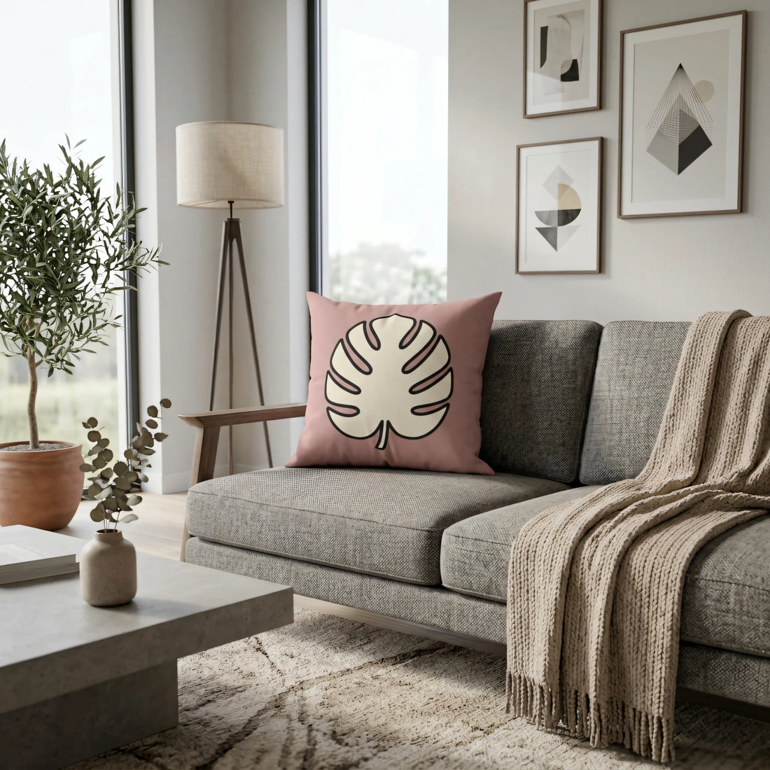 Pink cushion with a cream monstera leaf design on a grey sofa in a modern living room setting with a beige throw blanket.
