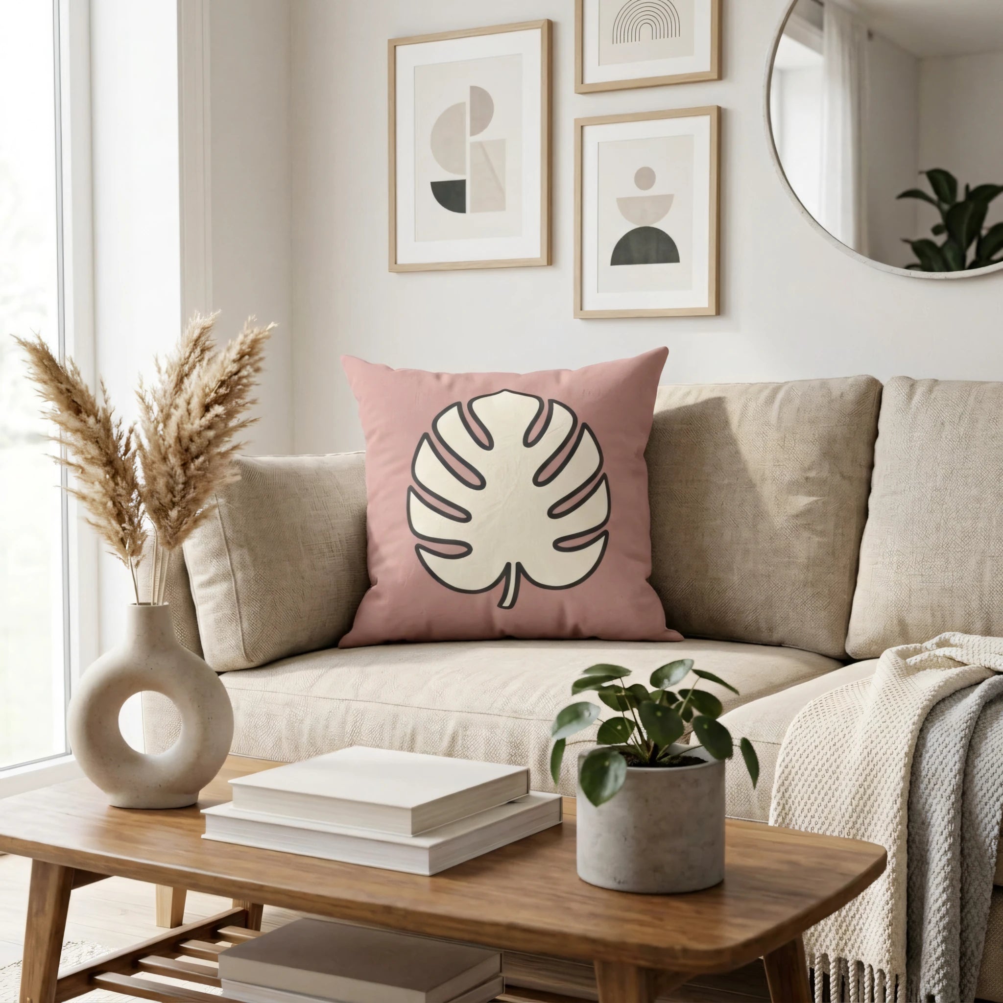 Pink decorative pillow with a cream Monstera leaf design on a beige couch in a bright, modern minimalist living room.