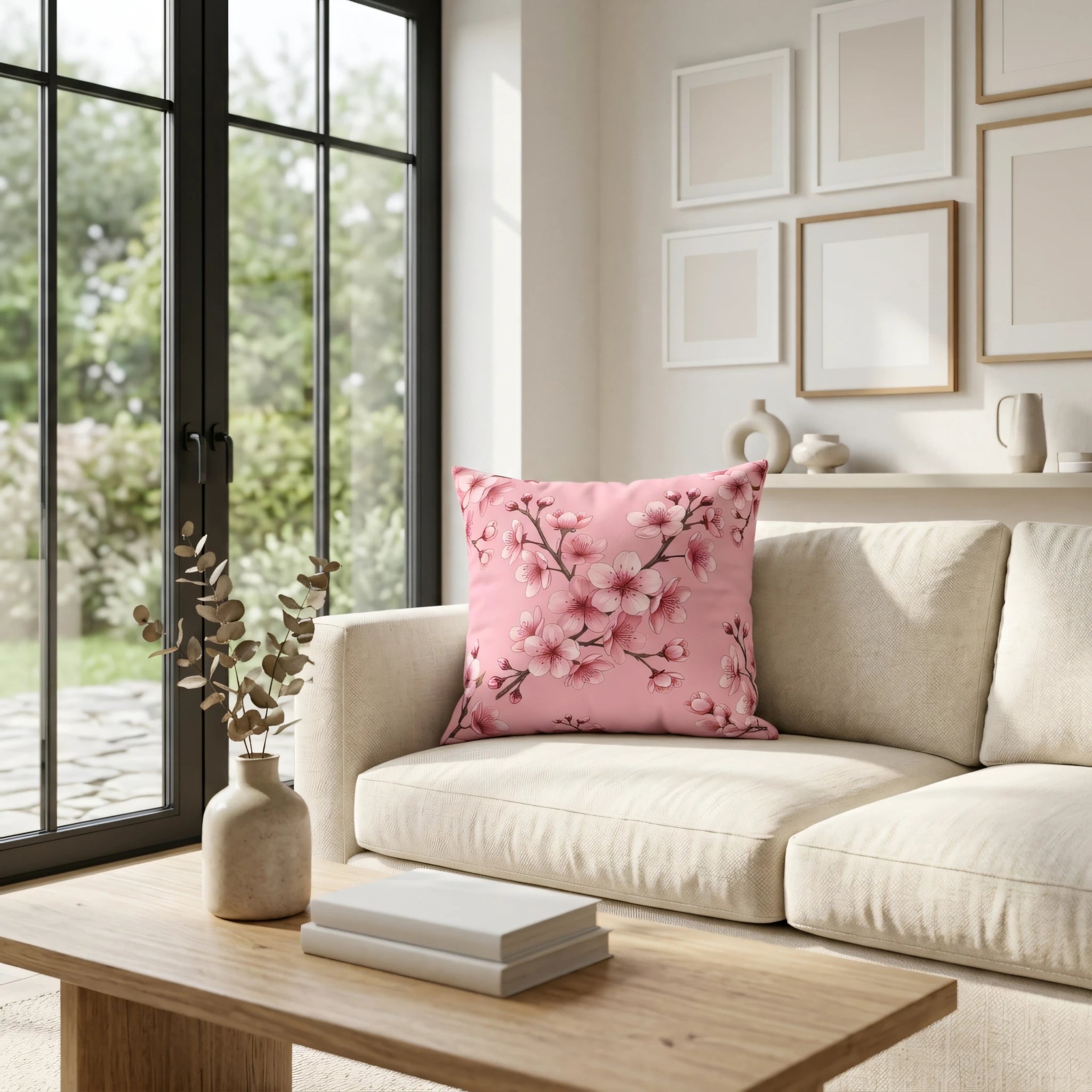 Pink cherry blossom floral cushion on a cream sofa in a bright minimalist living room with large glass doors and wooden table.