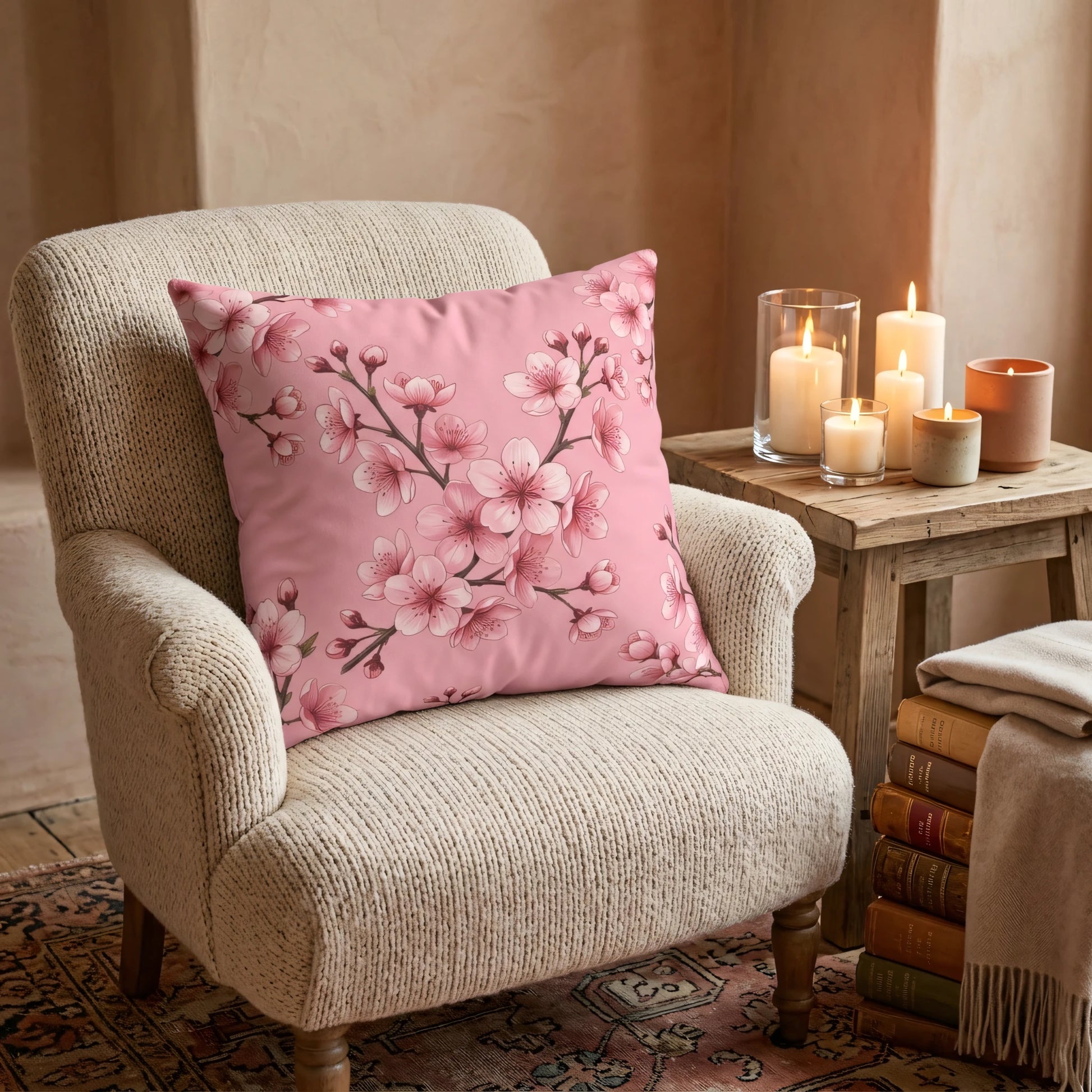 Pink cherry blossom pattern pillow on a textured cream armchair in a warm room with lit candles and books on a wooden side table.