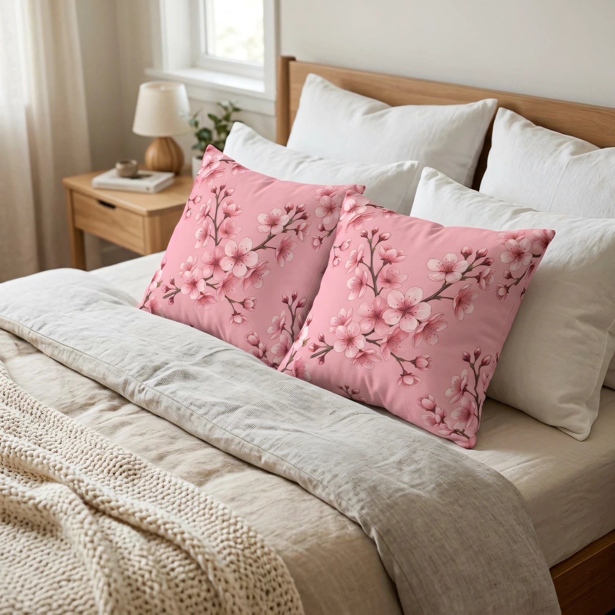 Pair of pink cherry blossom throw pillows on a wooden bed with white linens in a bright, cozy bedroom.