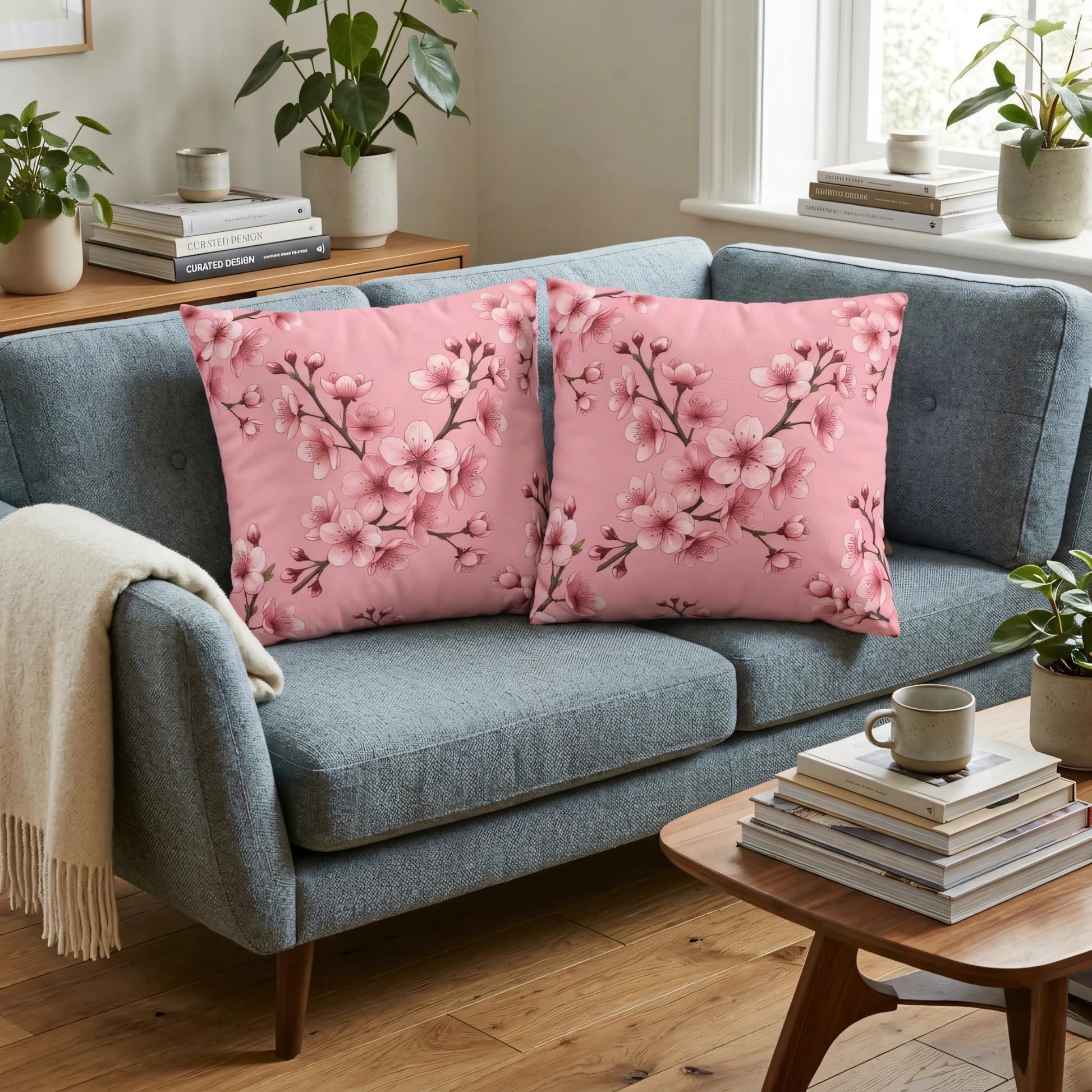 Two pink cherry blossom floral cushions on a blue sofa in a modern living room with indoor plants and a wooden coffee table.