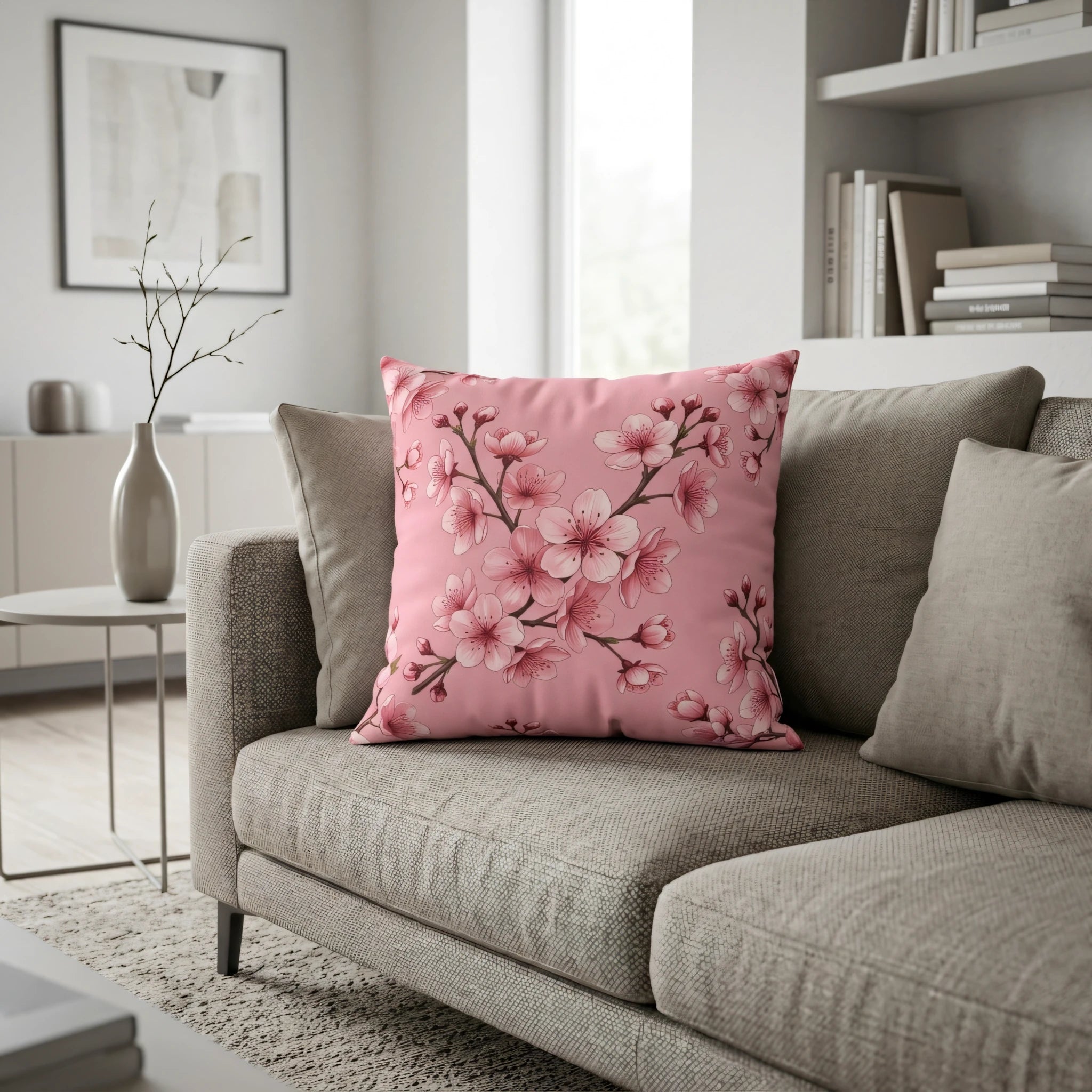 Decorative pink cherry blossom floral cushion on a grey sofa in a modern minimalist living room lifestyle setting.