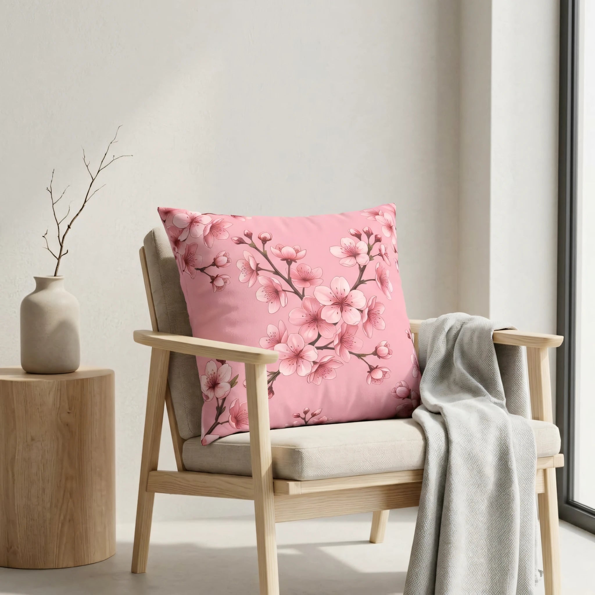 Pink floral cherry blossom throw pillow on a wooden armchair in a minimalist interior setting with a decorative vase and gray blanket.