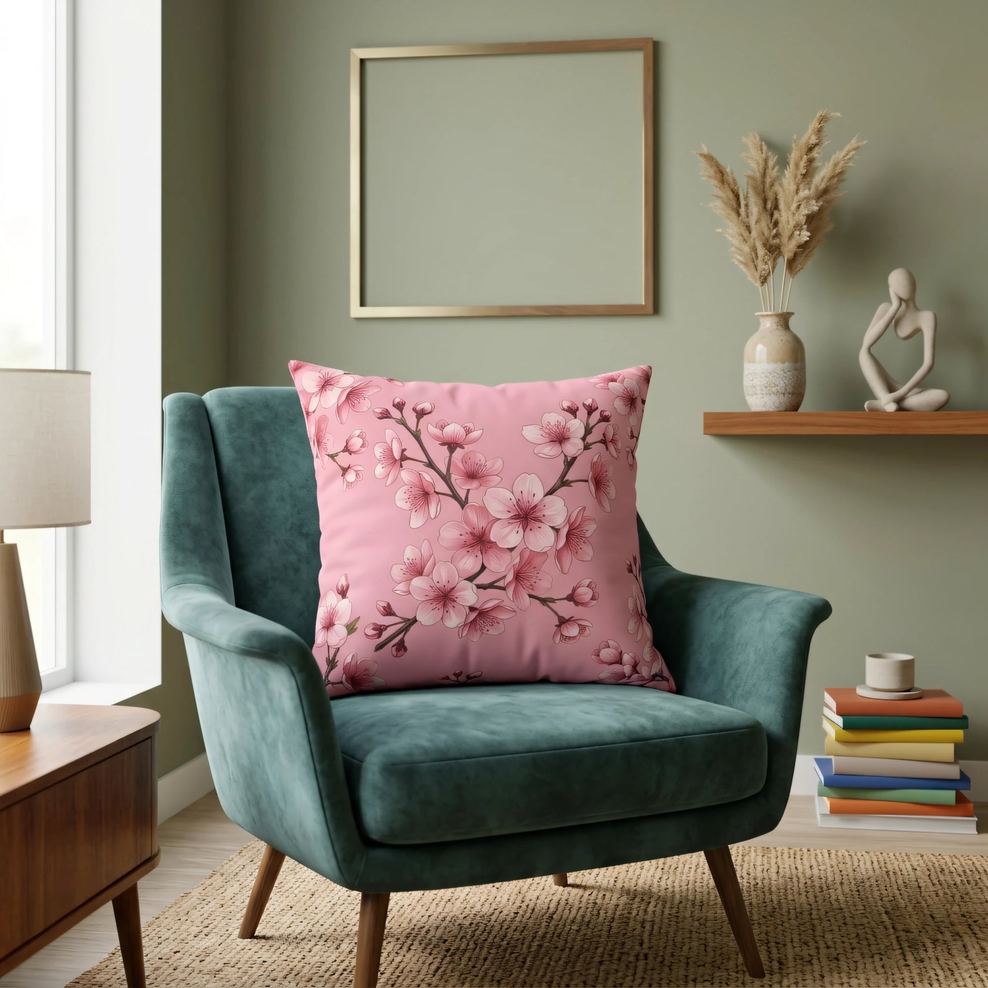Pink cherry blossom cushion on a teal velvet armchair in a modern living room with sage green walls and stylish decor.
