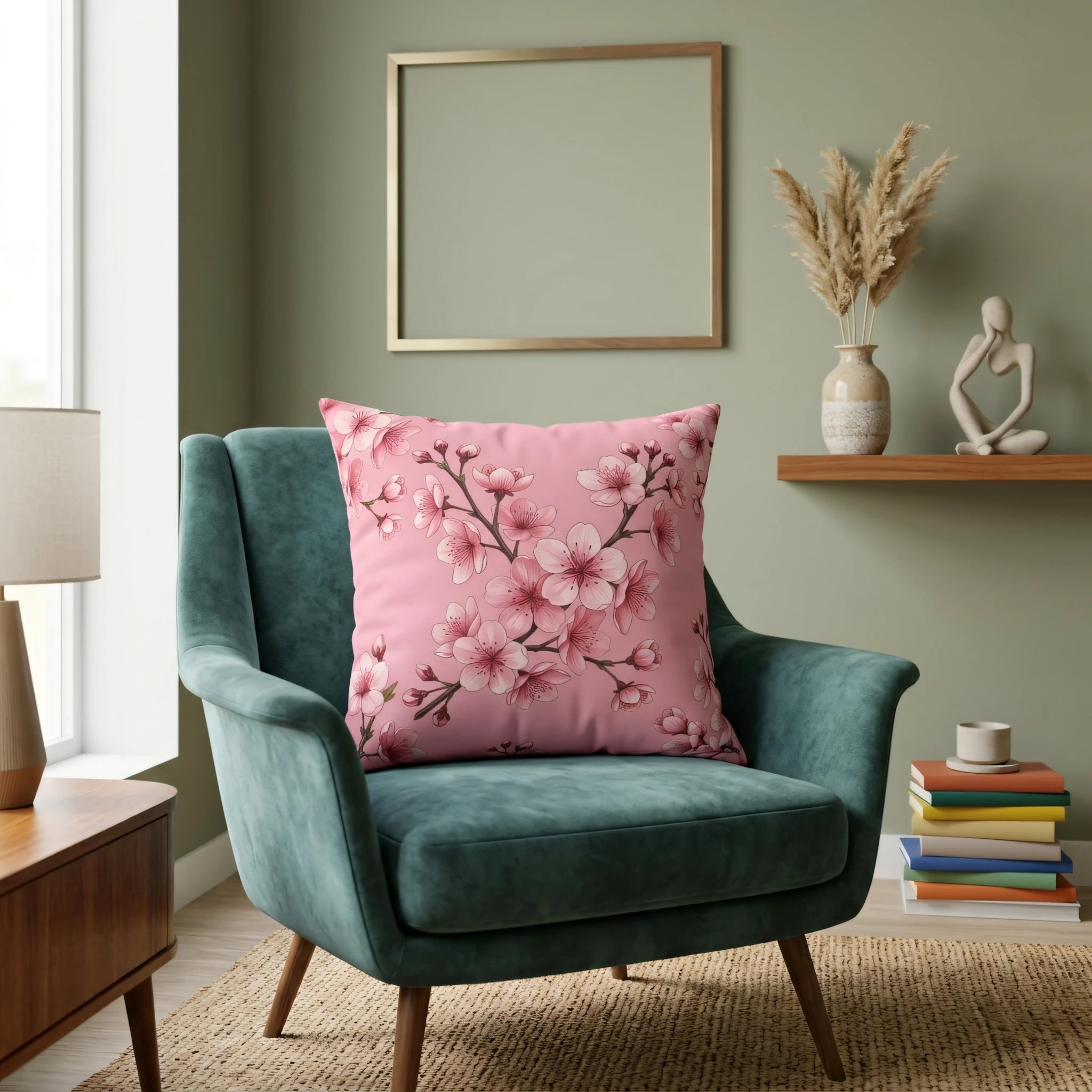 Pink cherry blossom cushion on a teal velvet armchair in a modern living room with sage green walls and stylish decor.
