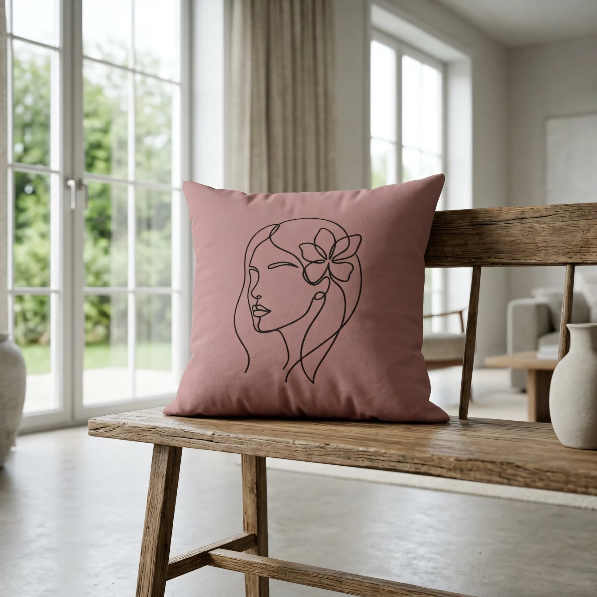 Pink throw pillow featuring a black line art woman with a flower on a rustic wooden bench in a bright, modern living room.