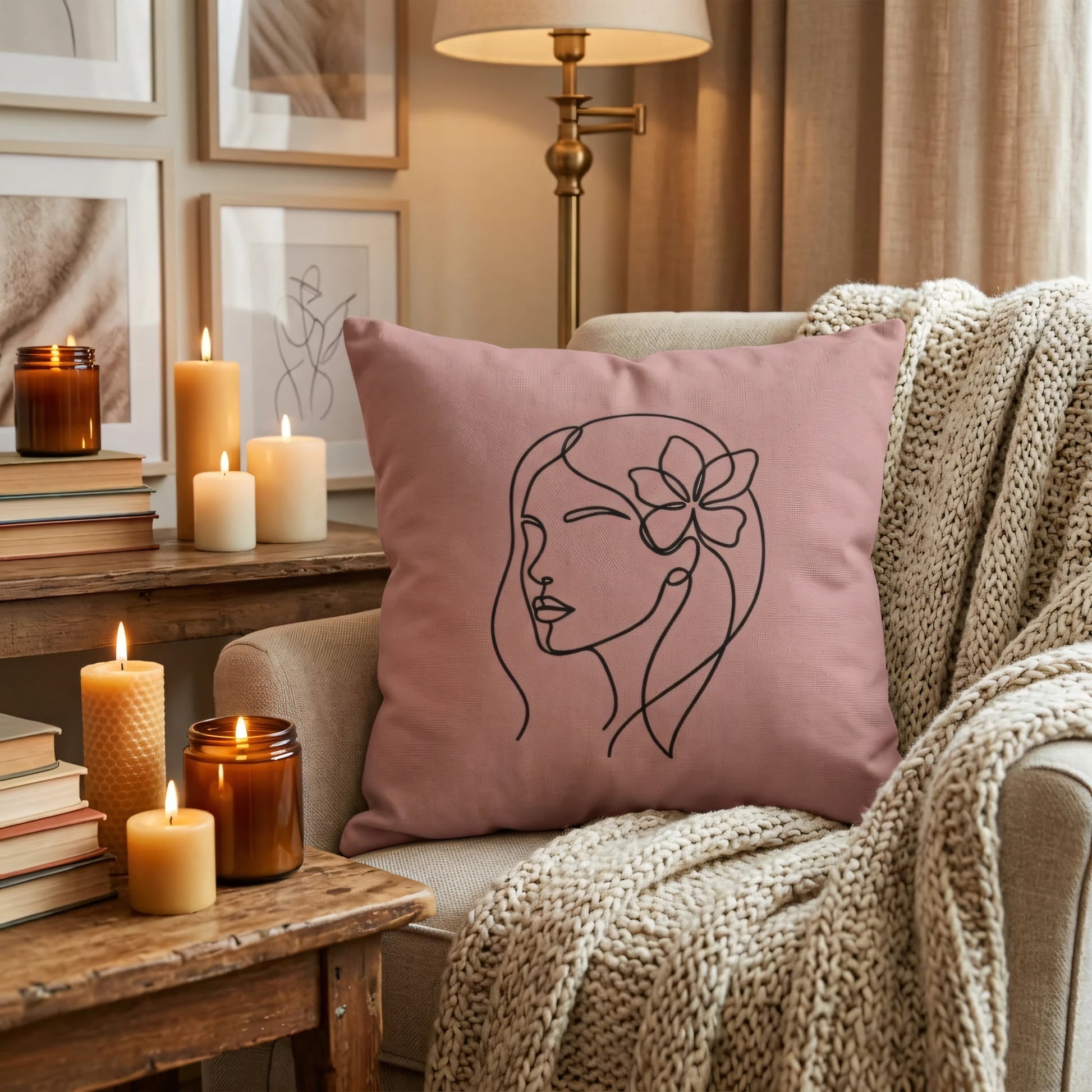 Dusty pink decorative pillow with minimalist woman line art on a beige armchair with a knit throw and warm glowing candles.