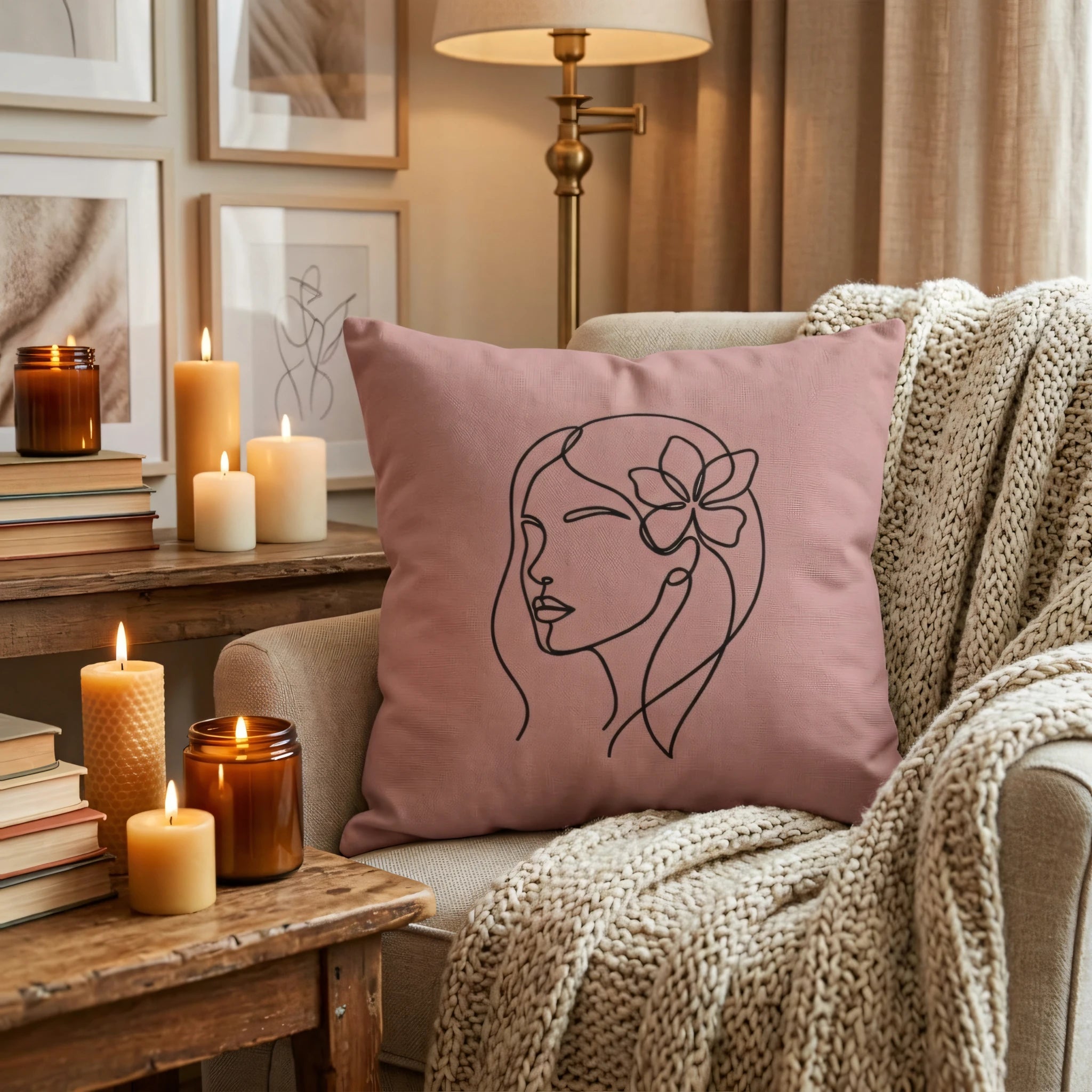Dusty pink decorative pillow with minimalist woman line art on a beige armchair with a knit throw and warm glowing candles.