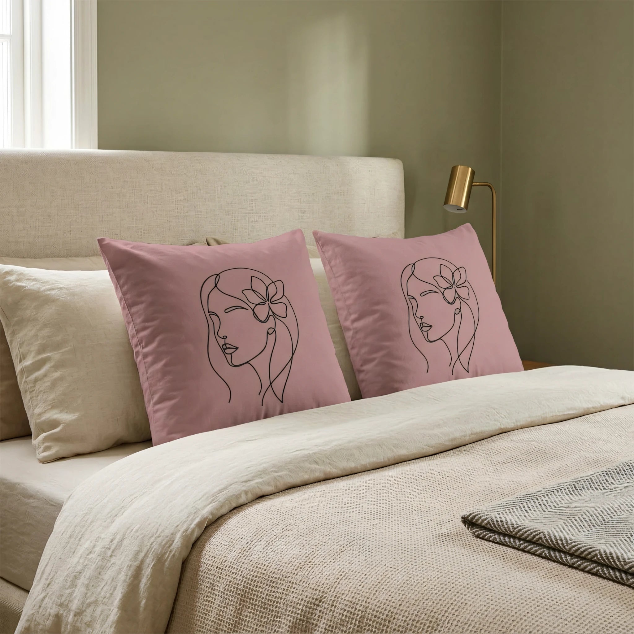 Minimalist line art woman face on dusty pink pillows on a cozy bed with cream bedding in a modern bedroom setting with a sage green wall.