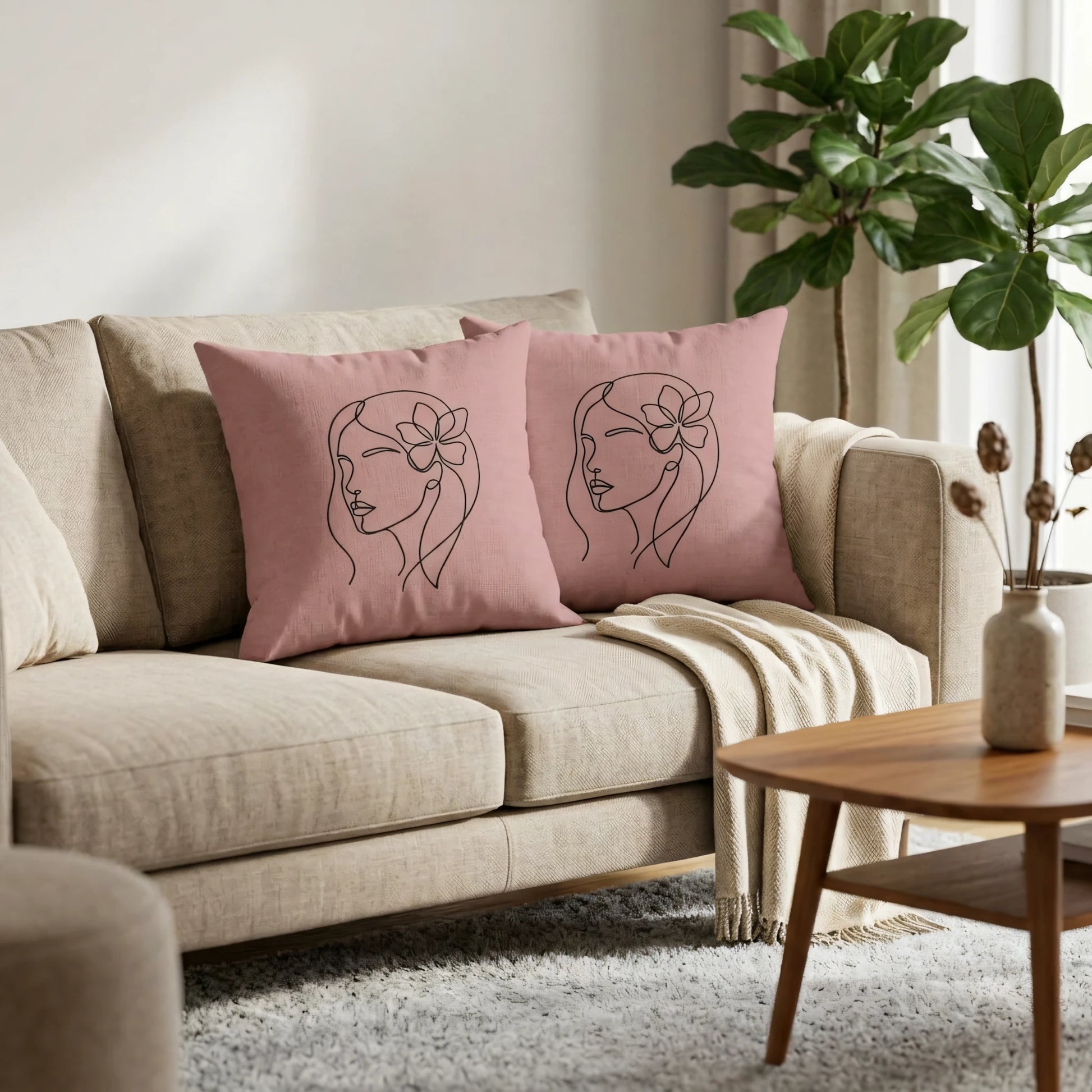 Two pink cushions with minimalist black line art faces on a beige sofa in a modern living room, styled with a throw and indoor plant.