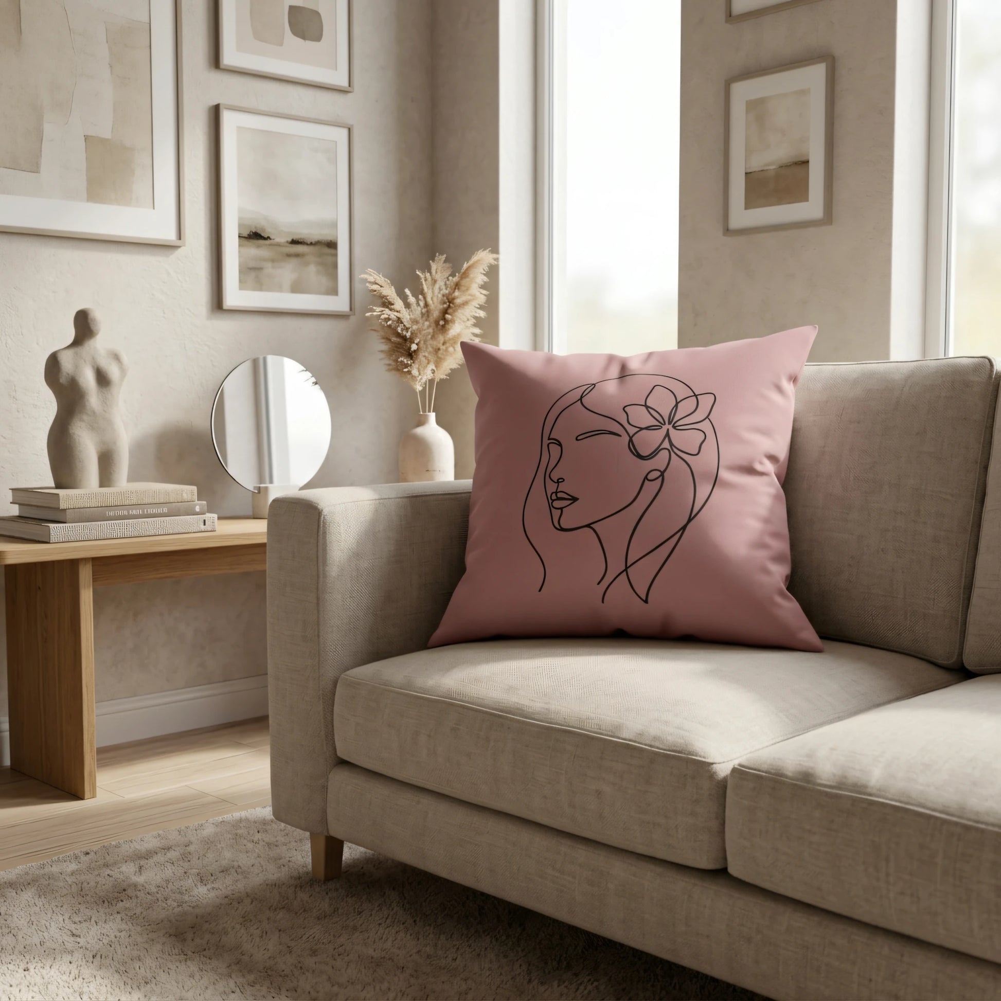 Pink cushion with minimalist black line art woman's face on a beige sofa in a modern living room setting with neutral abstract wall decor.