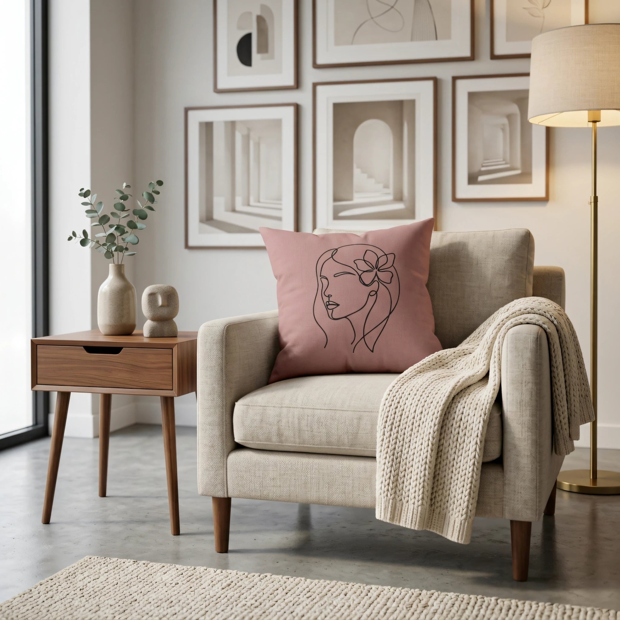 Pink cushion with minimalist woman face line art on a beige armchair in a cozy modern living room lifestyle setting.