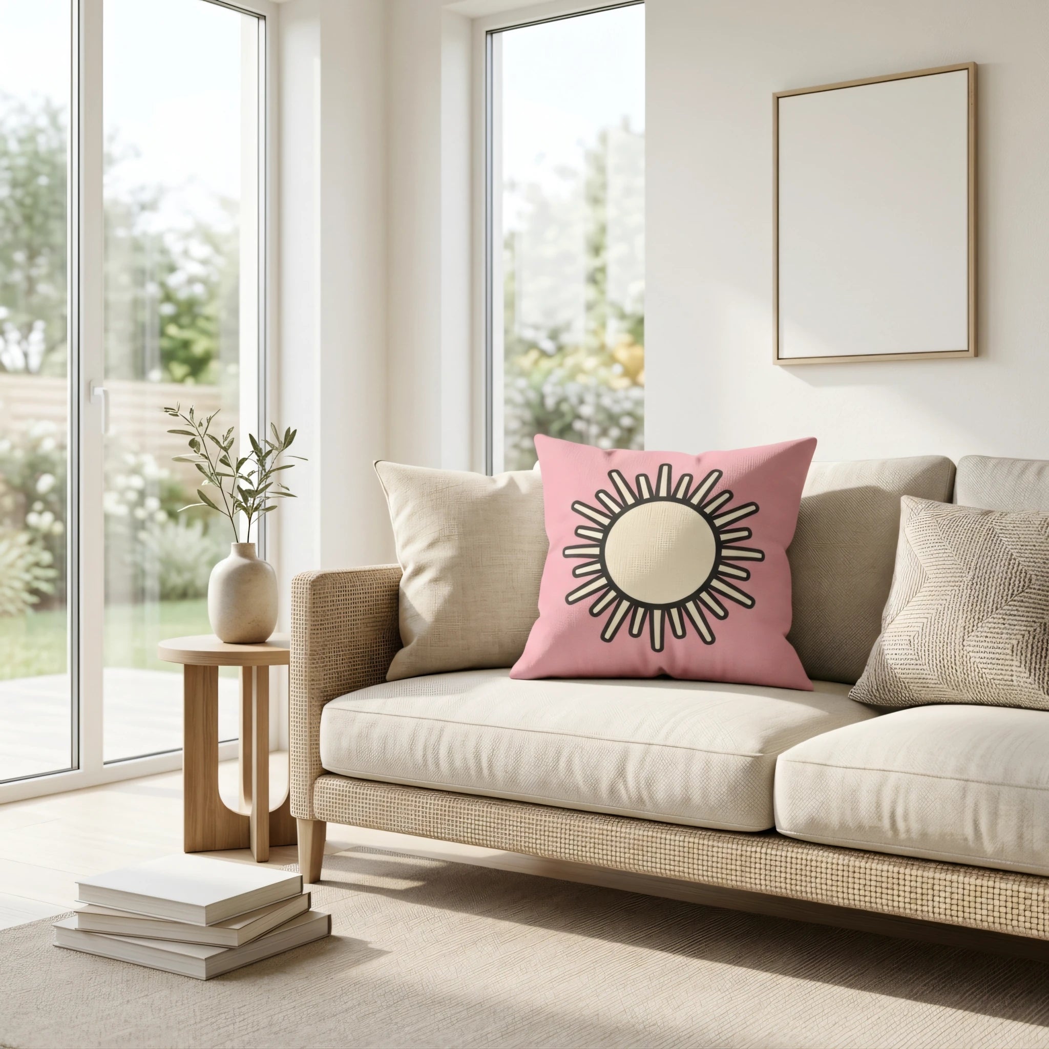 Sun graphic pink throw cushion on a beige sofa in a bright, modern living room with large windows and neutral decor.