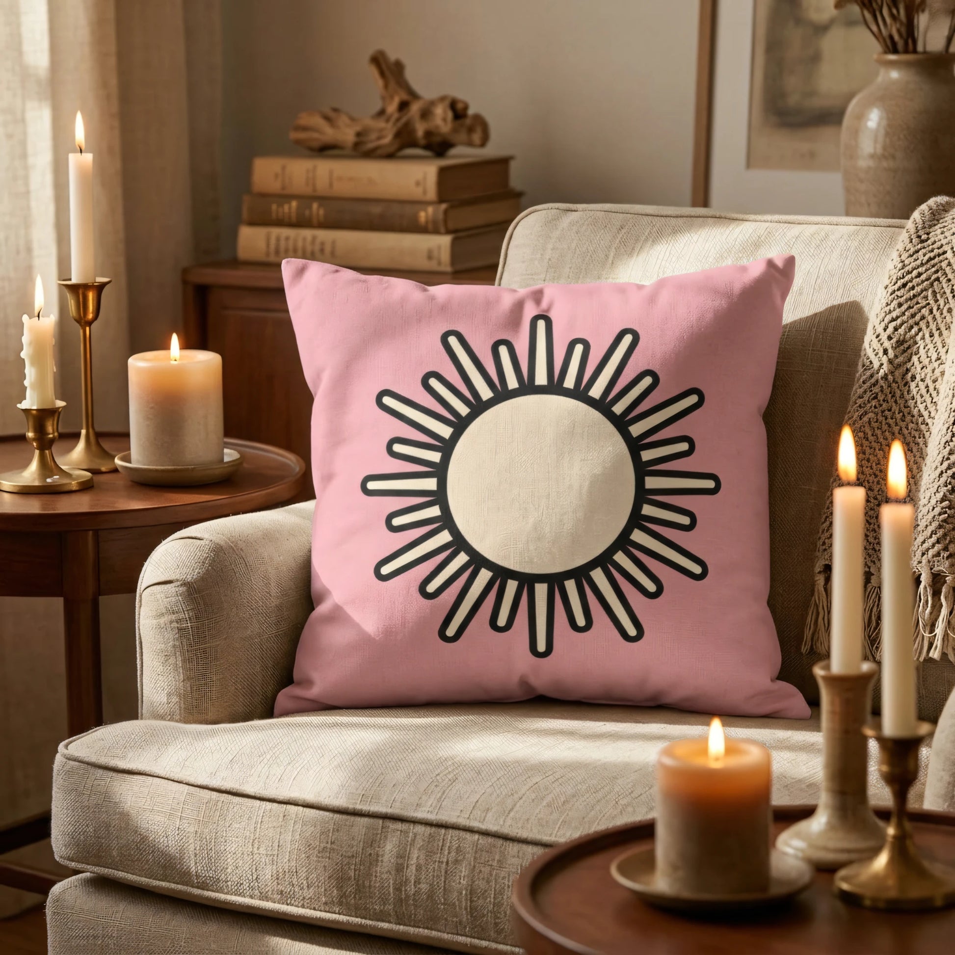 Decorative pink cushion with a sun pattern on a beige armchair in a cozy setting with warm candles, books, and rustic home decor.