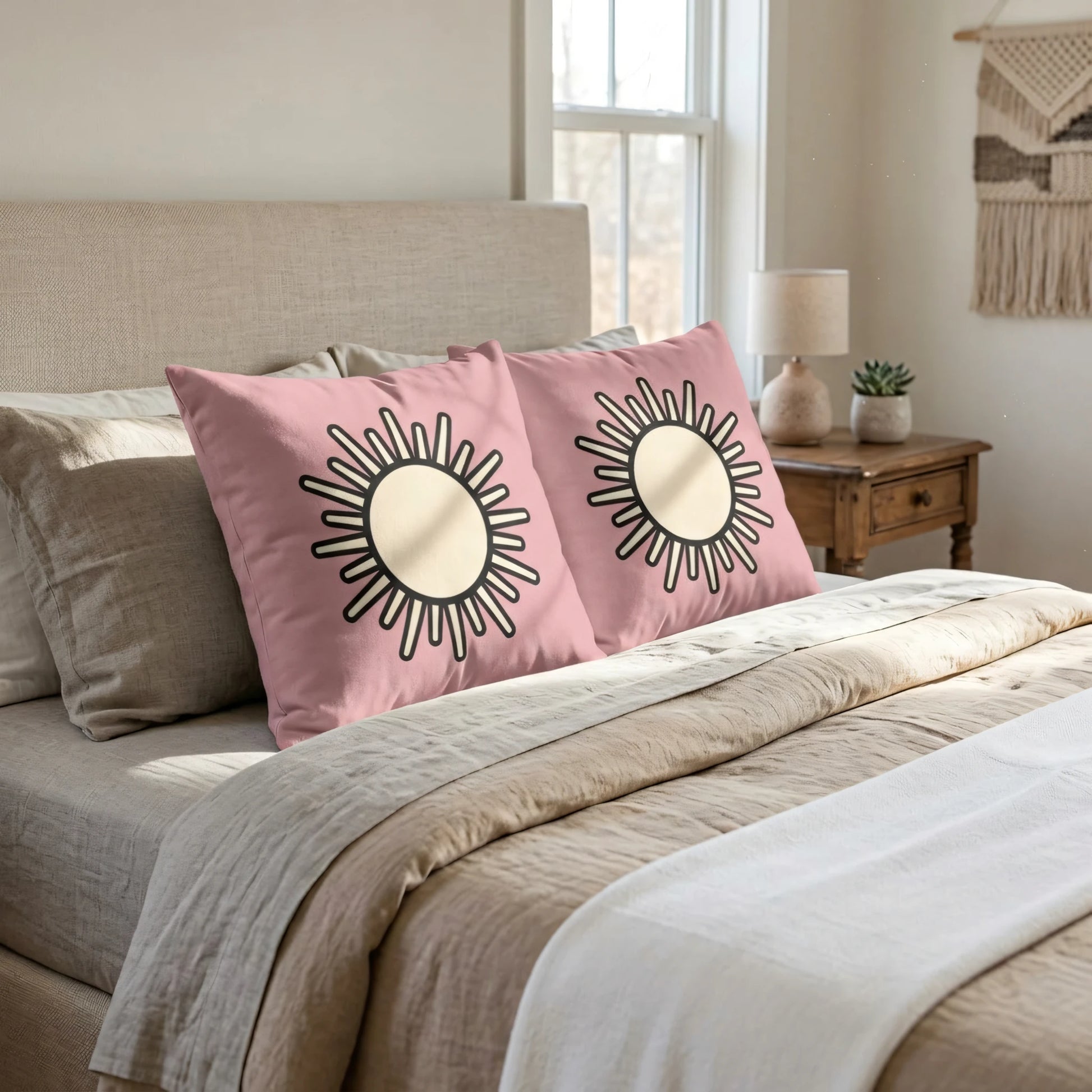 Pair of pink boho sun design cushions on a beige bed in a minimalist bedroom lifestyle scene with a wooden nightstand and lamp.