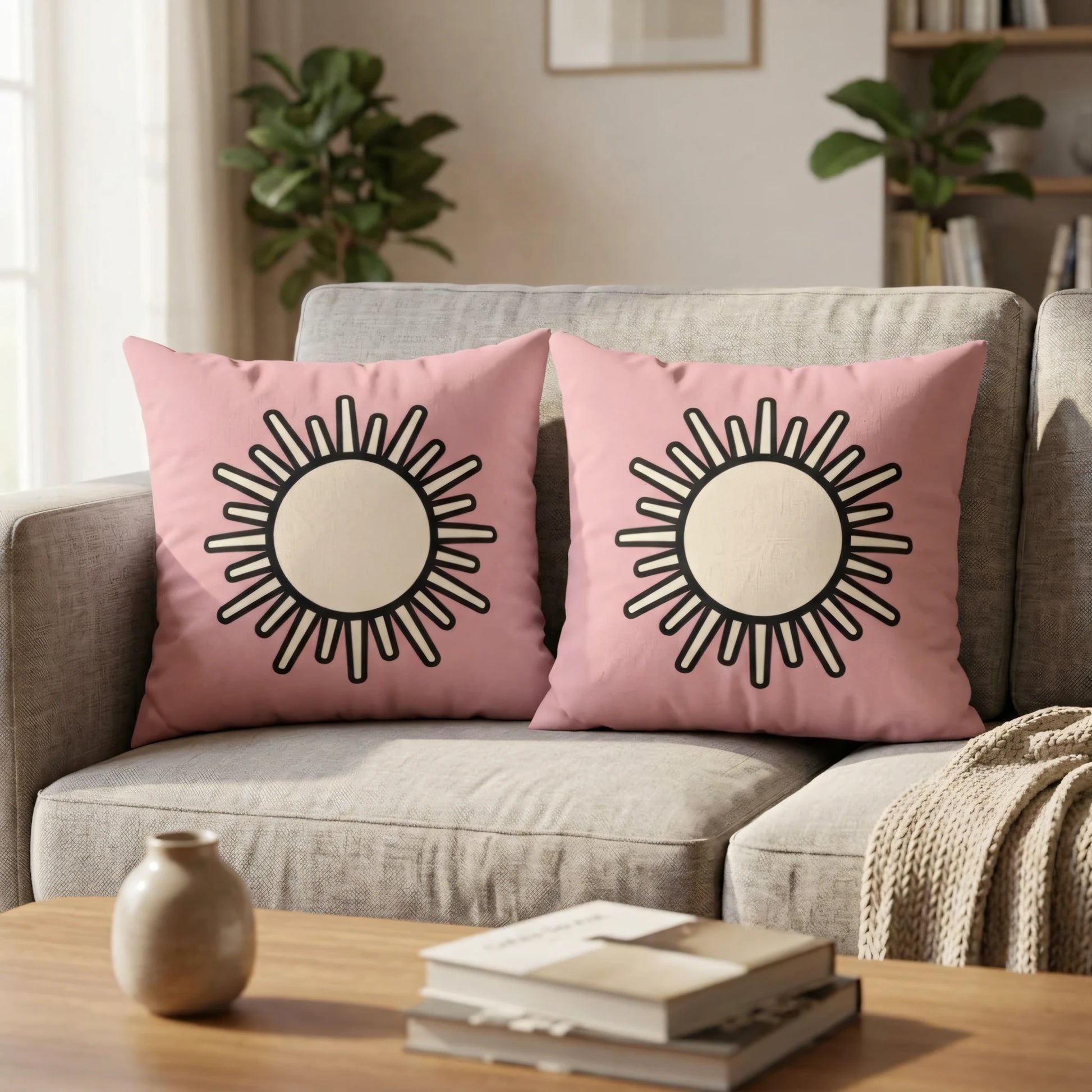 Pair of pink throw pillows with a minimalist sun design on a grey couch in a bright living room, showcasing modern home decor.