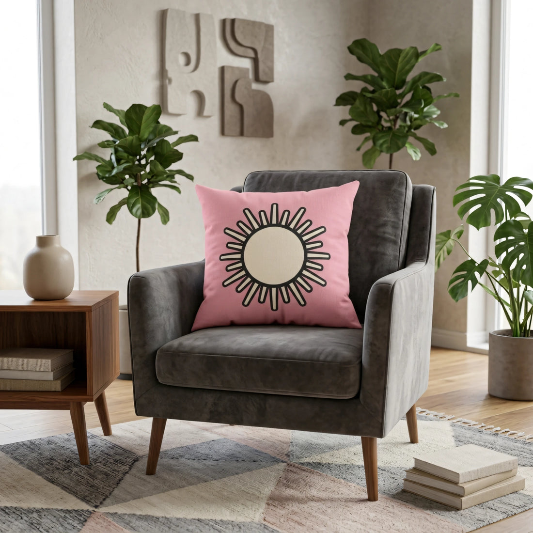 Decorative pink pillow with a sun design on a gray velvet armchair in a modern living room with indoor plants and wooden furniture.
