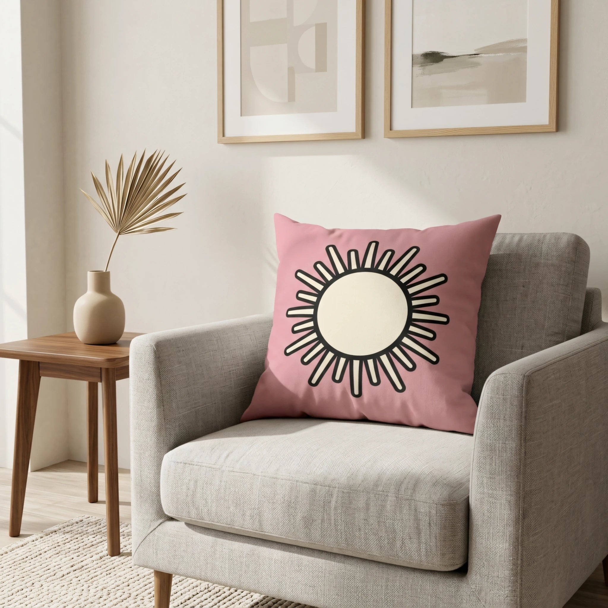 Pink sun design pillow on a grey armchair in a minimalist living room with wooden furniture and neutral wall art decor.