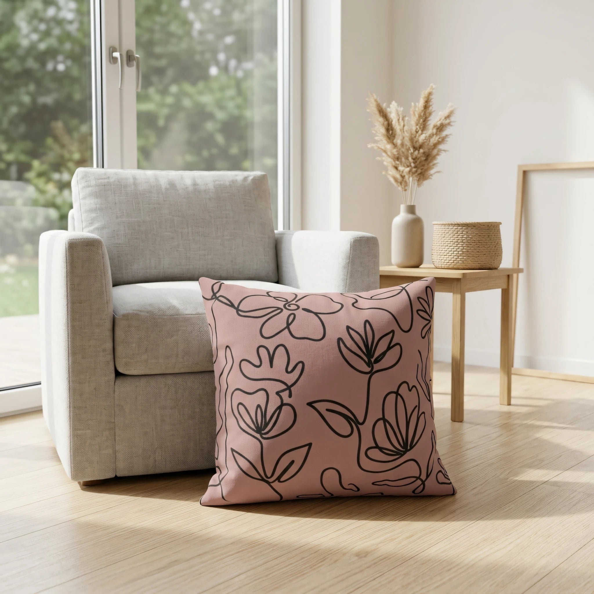 Decorative pink cushion with black floral line art on a light wood floor next to a grey armchair in a bright, modern living room.