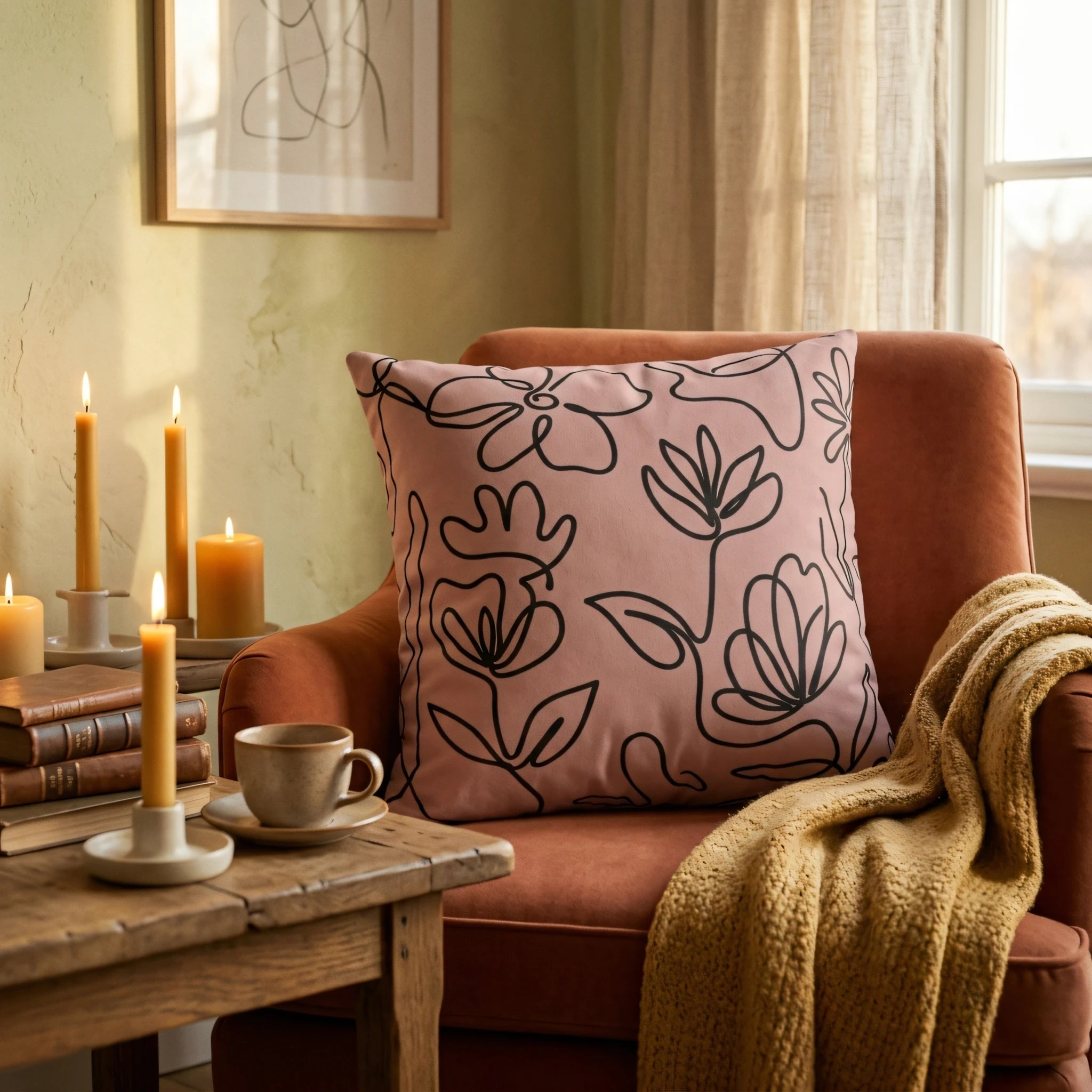 Pink floral line art cushion on a terracotta armchair in a cozy home setting with lit candles, books, and a yellow knit throw blanket.