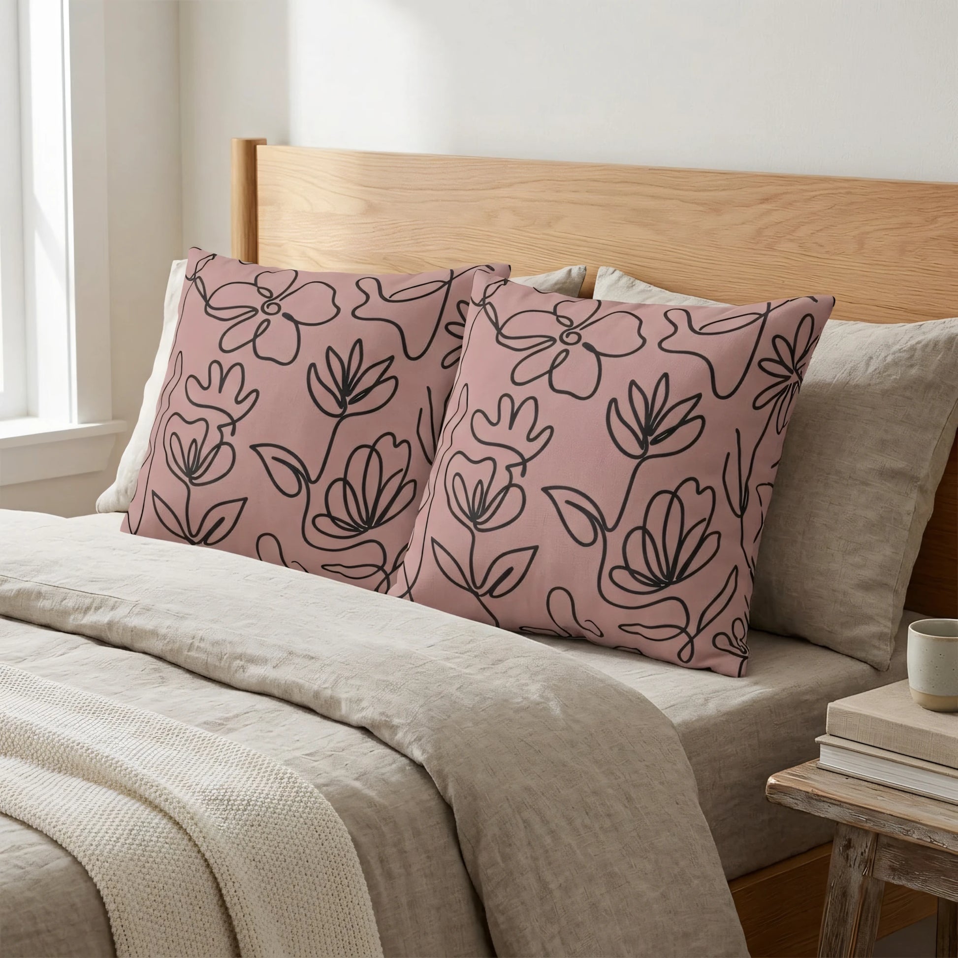 Dusty pink decorative pillows with black floral outline pattern on a neutral bed, featuring a wooden headboard and cozy lifestyle setting.