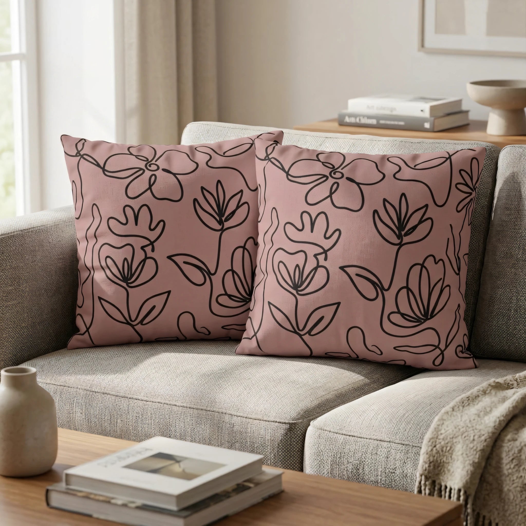 Two pink decorative pillows with black floral line art patterns on a grey sofa in a stylish, sunlit living room interior.