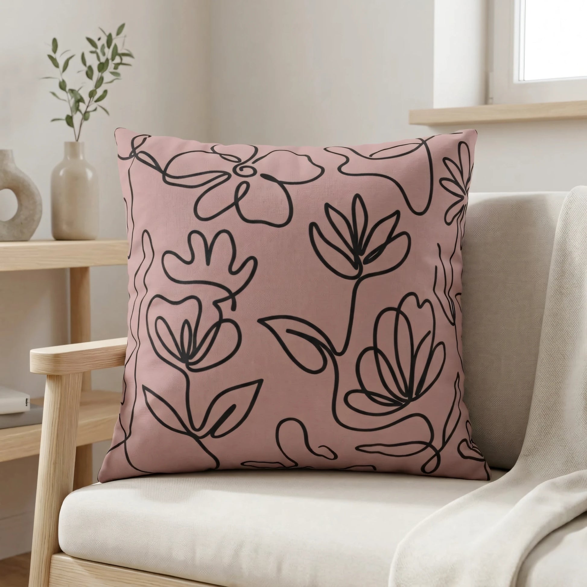 Pink floral line art cushion on a light-colored chair in a bright minimalist interior featuring wooden furniture and neutral home decor.