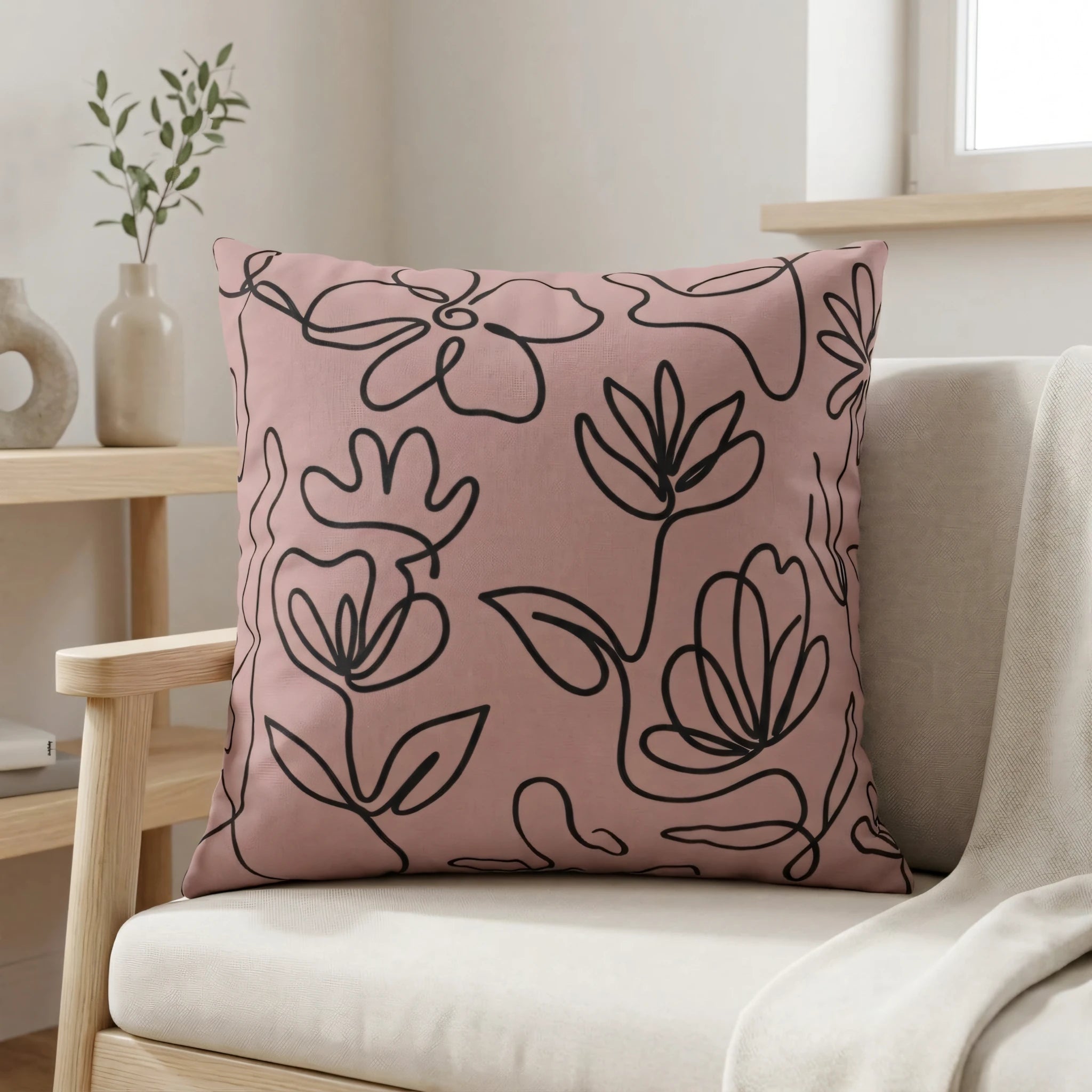 Pink floral line art cushion on a light-colored chair in a bright minimalist interior featuring wooden furniture and neutral home decor.
