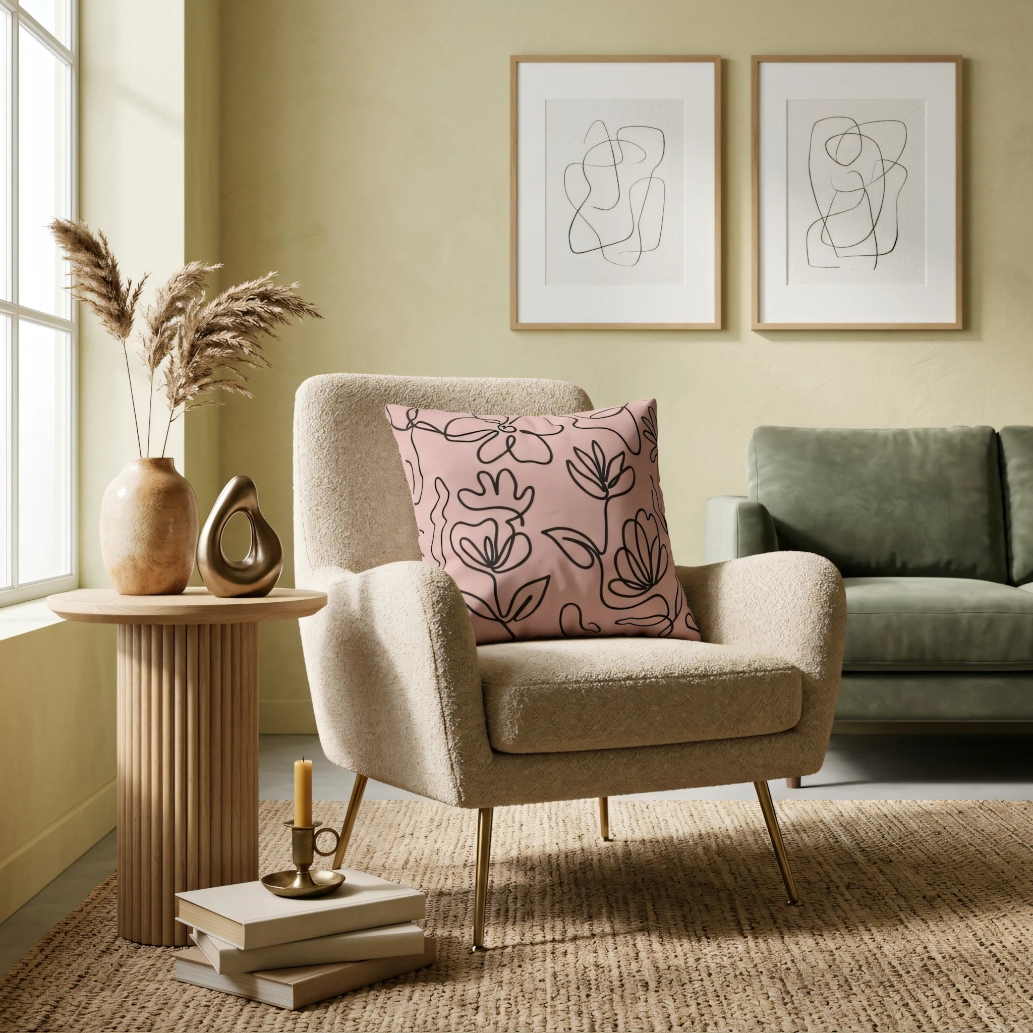Modern pink cushion with black floral line art on a beige armchair in a cozy living room with a green sofa and natural decor.