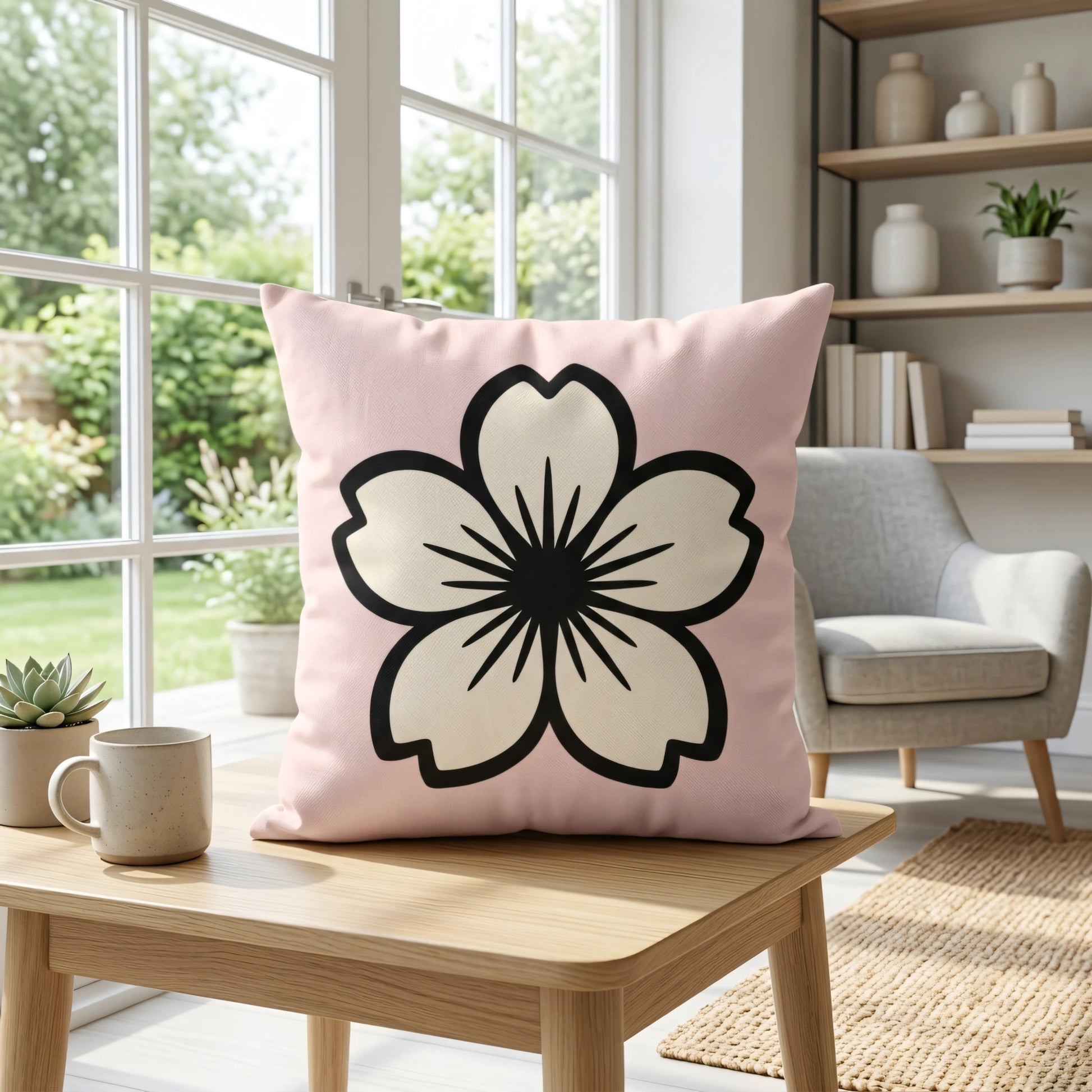 Pink decorative pillow with a black and cream cherry blossom print on a wooden table in a bright, airy living room lifestyle shot.