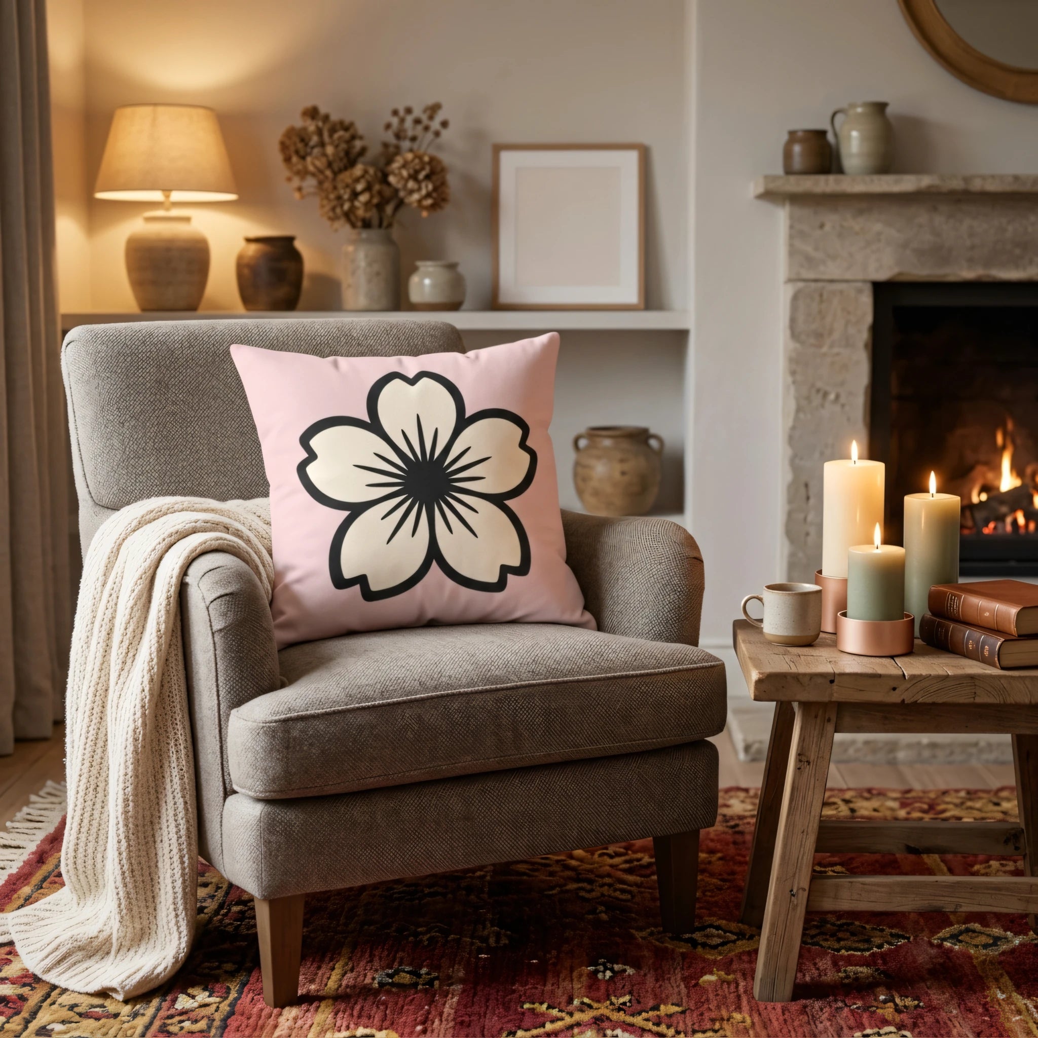 Cozy pink throw pillow with a cream flower print on a grey armchair in a warm living room featuring a lit fireplace and candles.