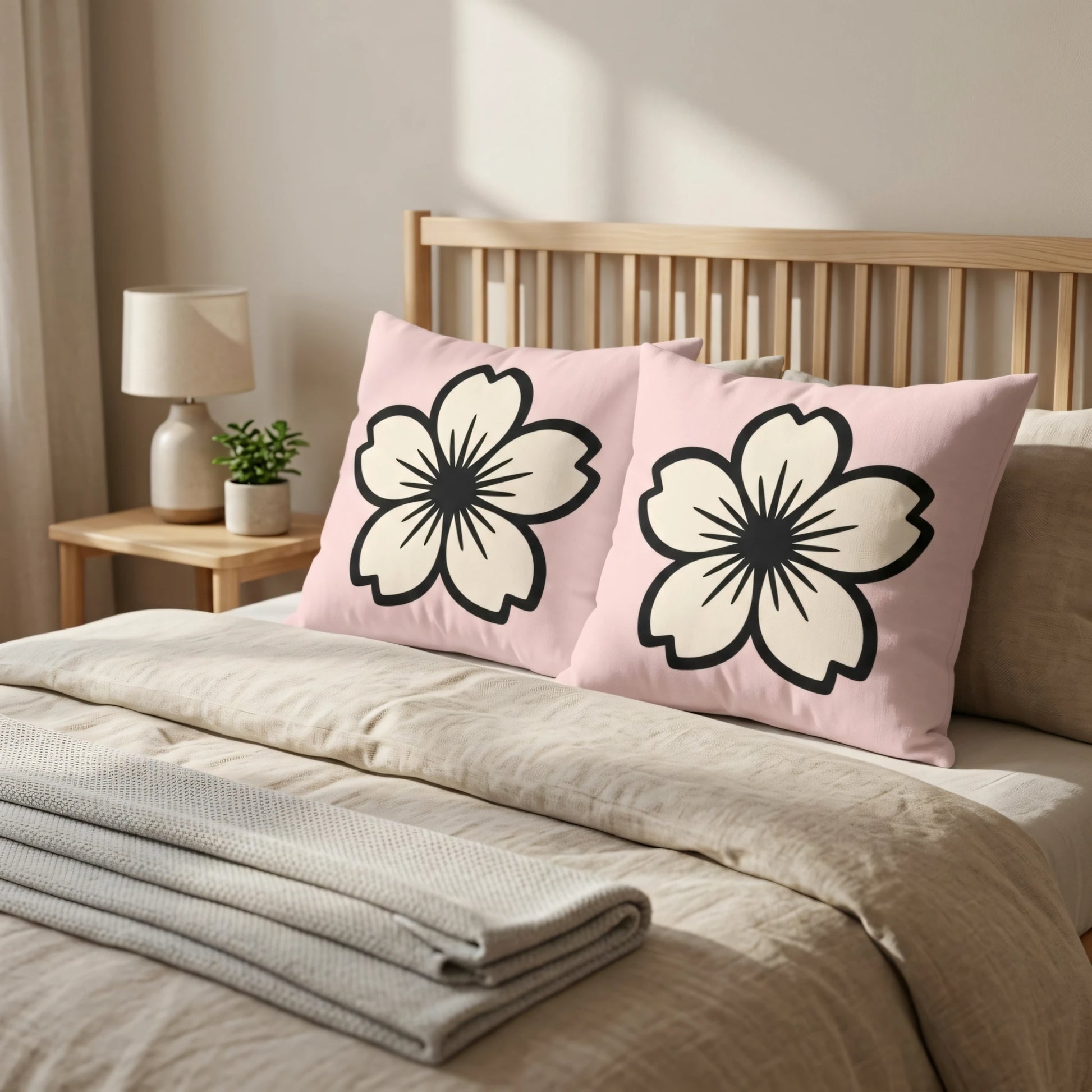Two pink decorative pillows with large black and white flower designs on a bed with beige linens and a wooden headboard in a bright bedroom scene.