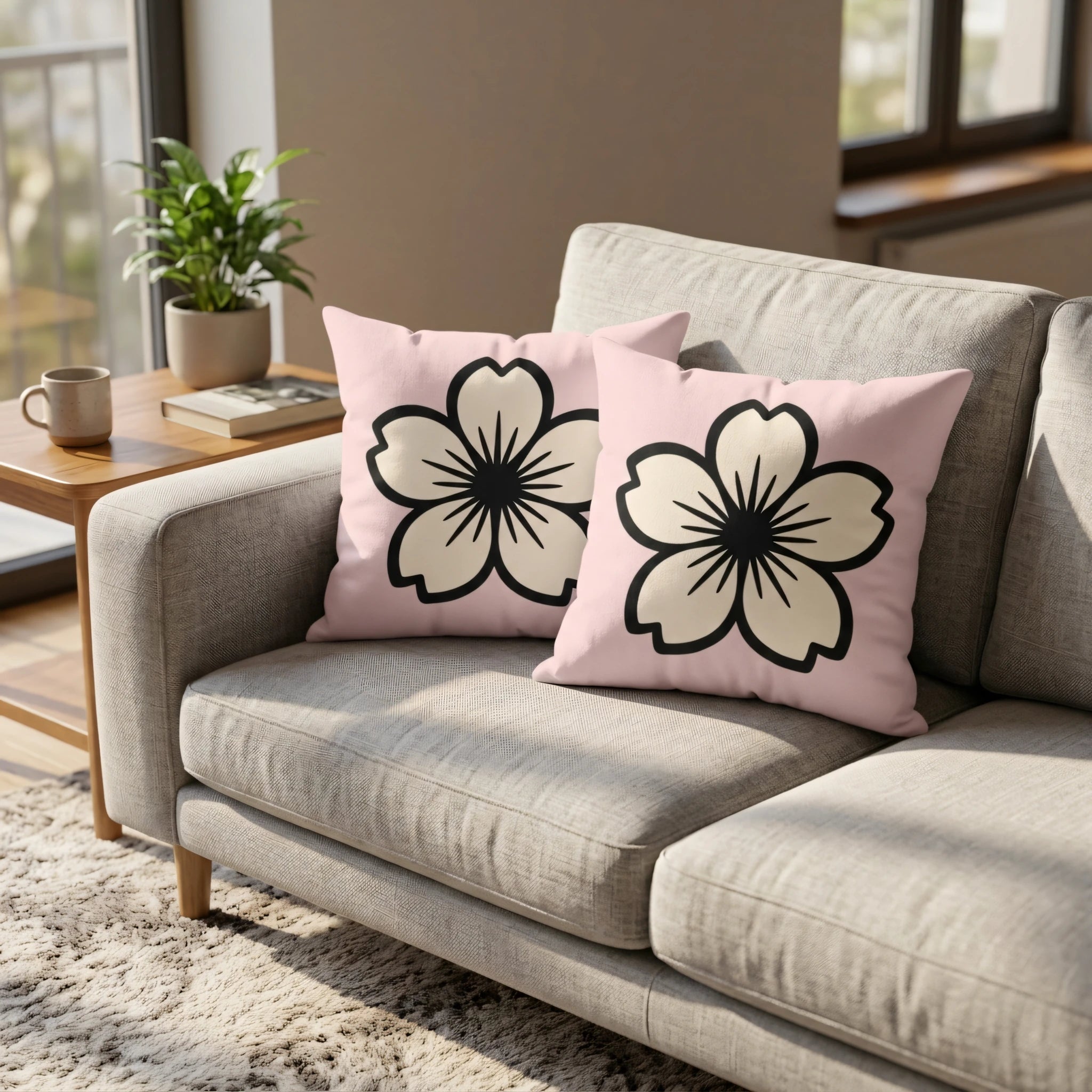 Pair of pink throw pillows featuring a black floral cherry blossom print on a grey couch in a modern, sunlit living room with a side table.