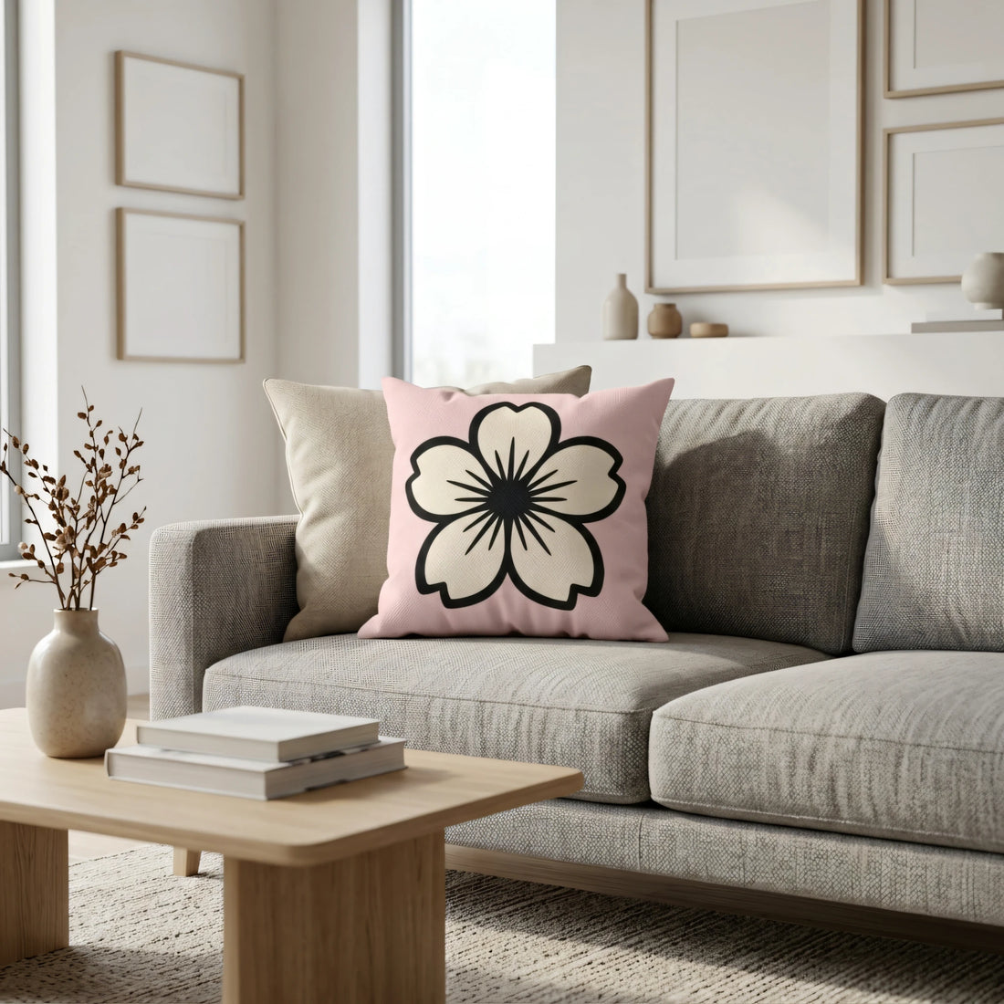 Modern pink cushion featuring a bold black and cream flower pattern placed on a grey couch in a bright, minimalist living room setting.