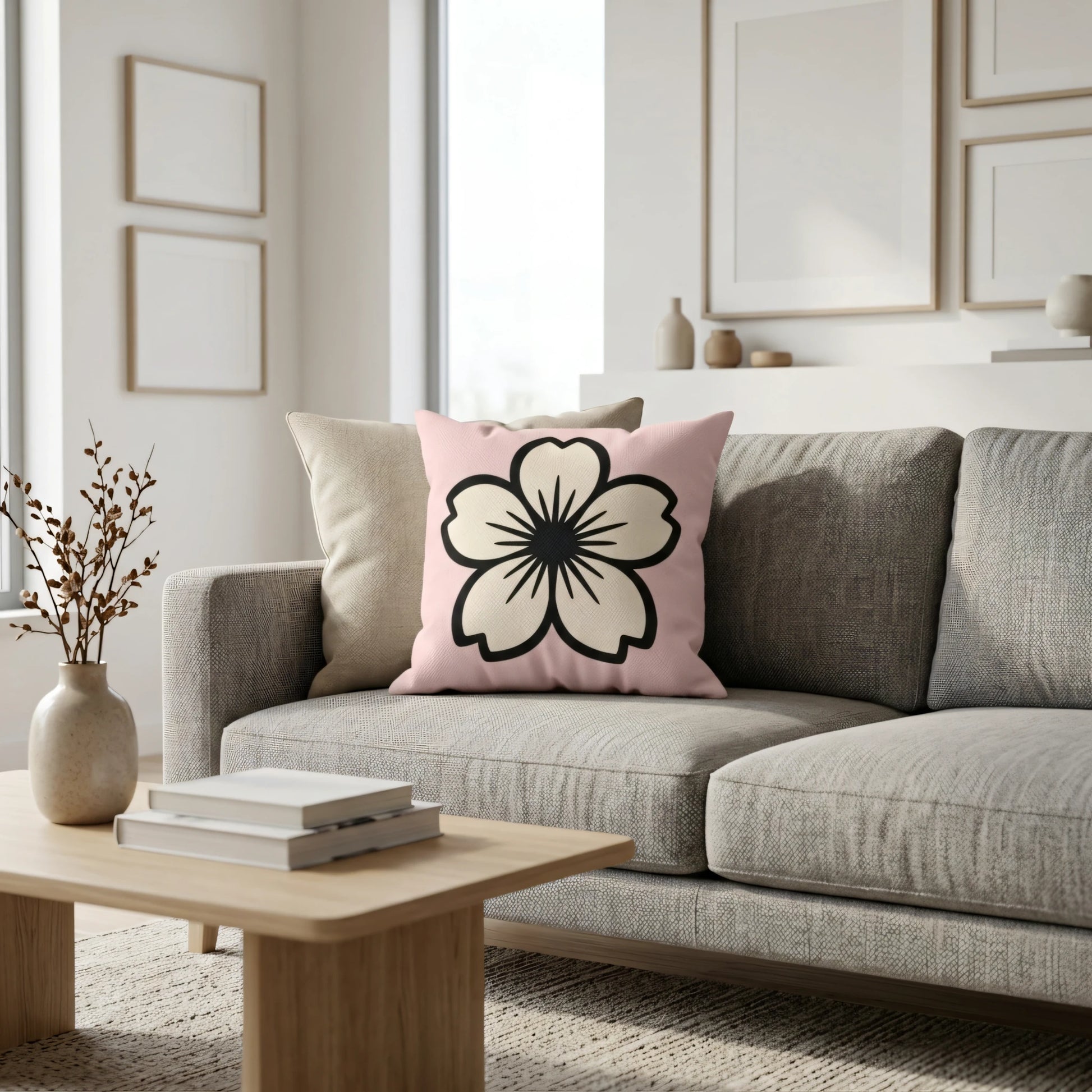 Modern pink cushion featuring a bold black and cream flower pattern placed on a grey couch in a bright, minimalist living room setting.