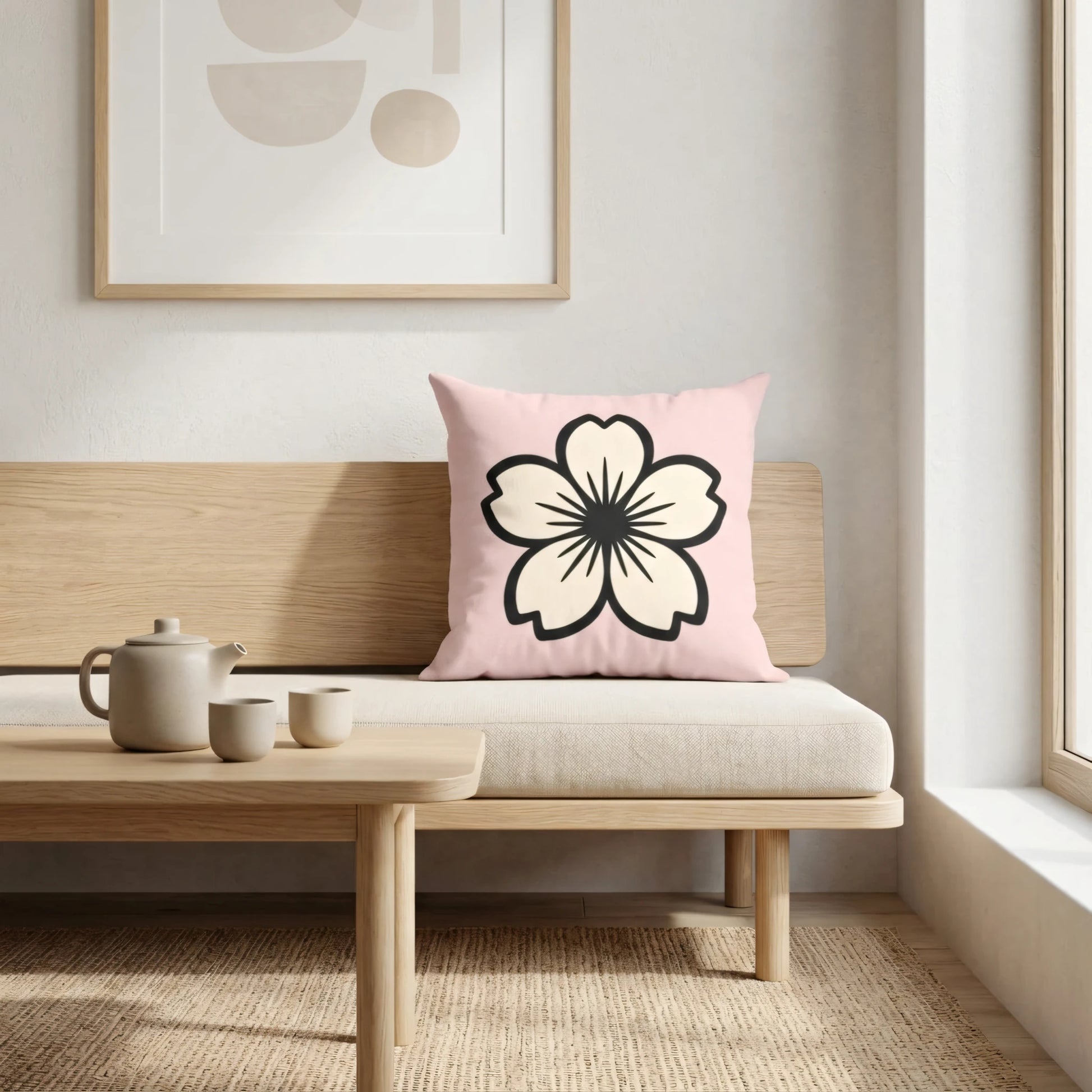 Decorative pink pillow with a black sakura flower design on a wooden sofa in a bright, minimalist interior room.