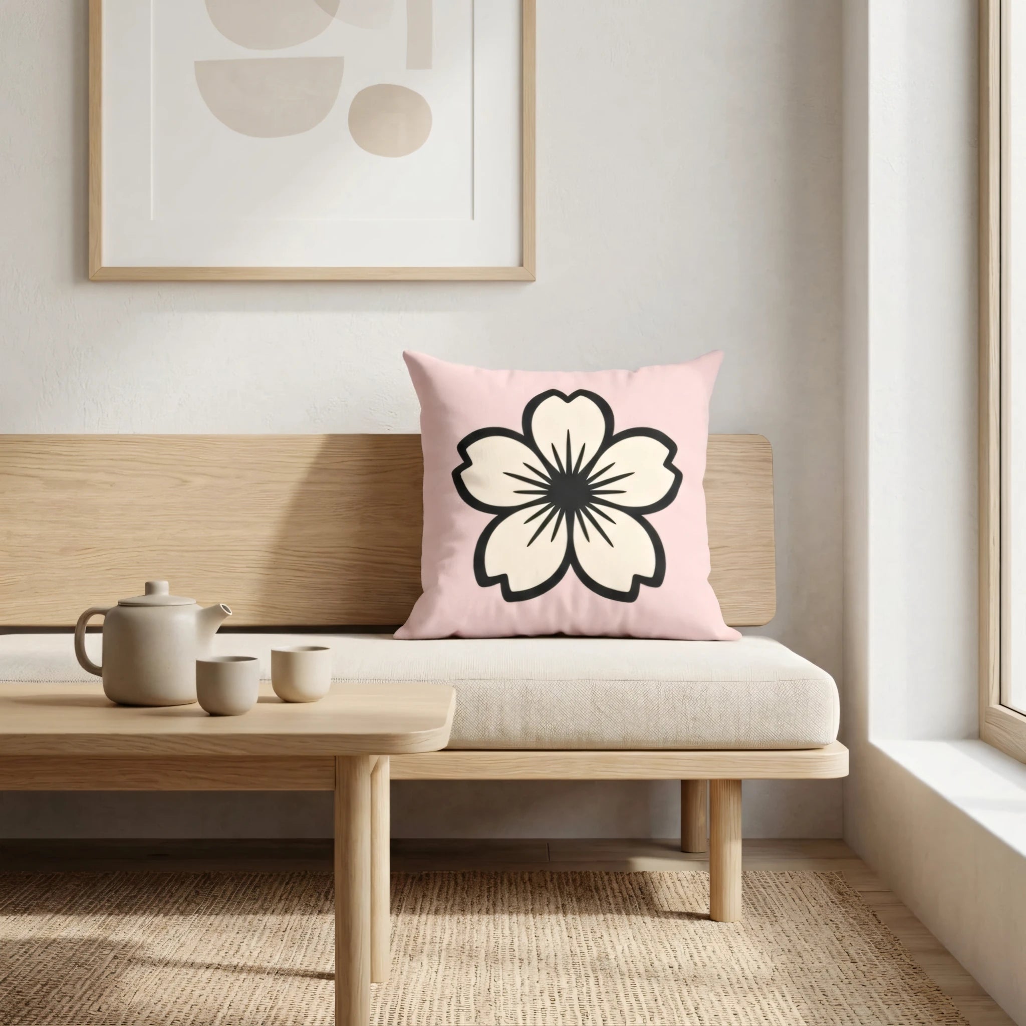 Decorative pink pillow with a black sakura flower design on a wooden sofa in a bright, minimalist interior room.
