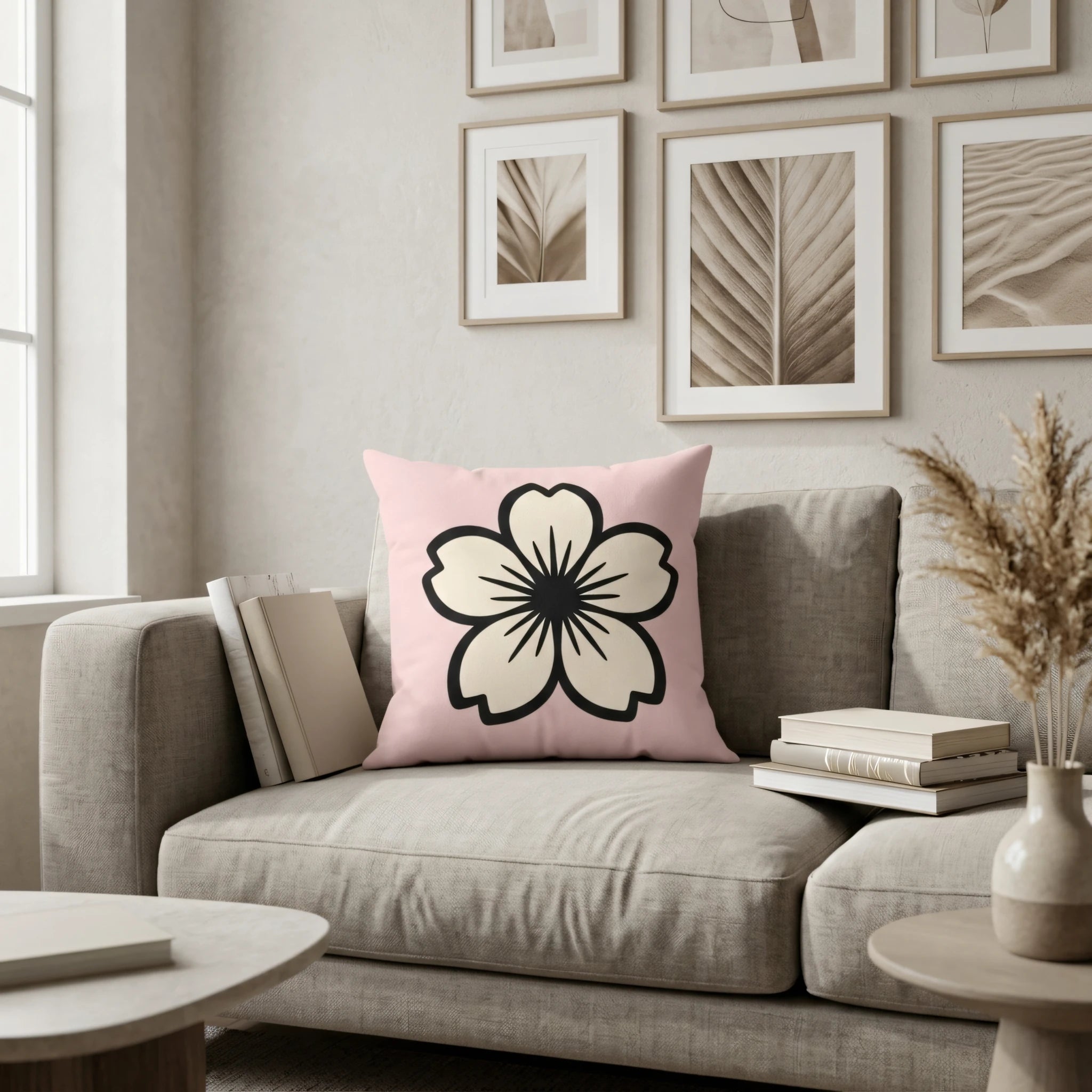 Pink decorative cushion with a black and cream floral graphic on a beige sofa in a modern, neutral-toned living room setting.